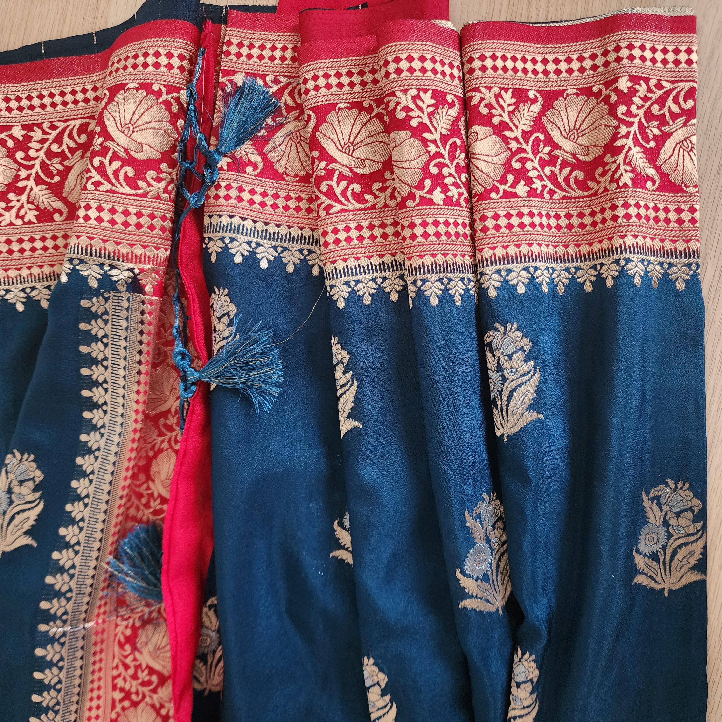 Elegant Peacock Blue Banarasi Mashru Silk Saree with traditional Red border & Pallu
