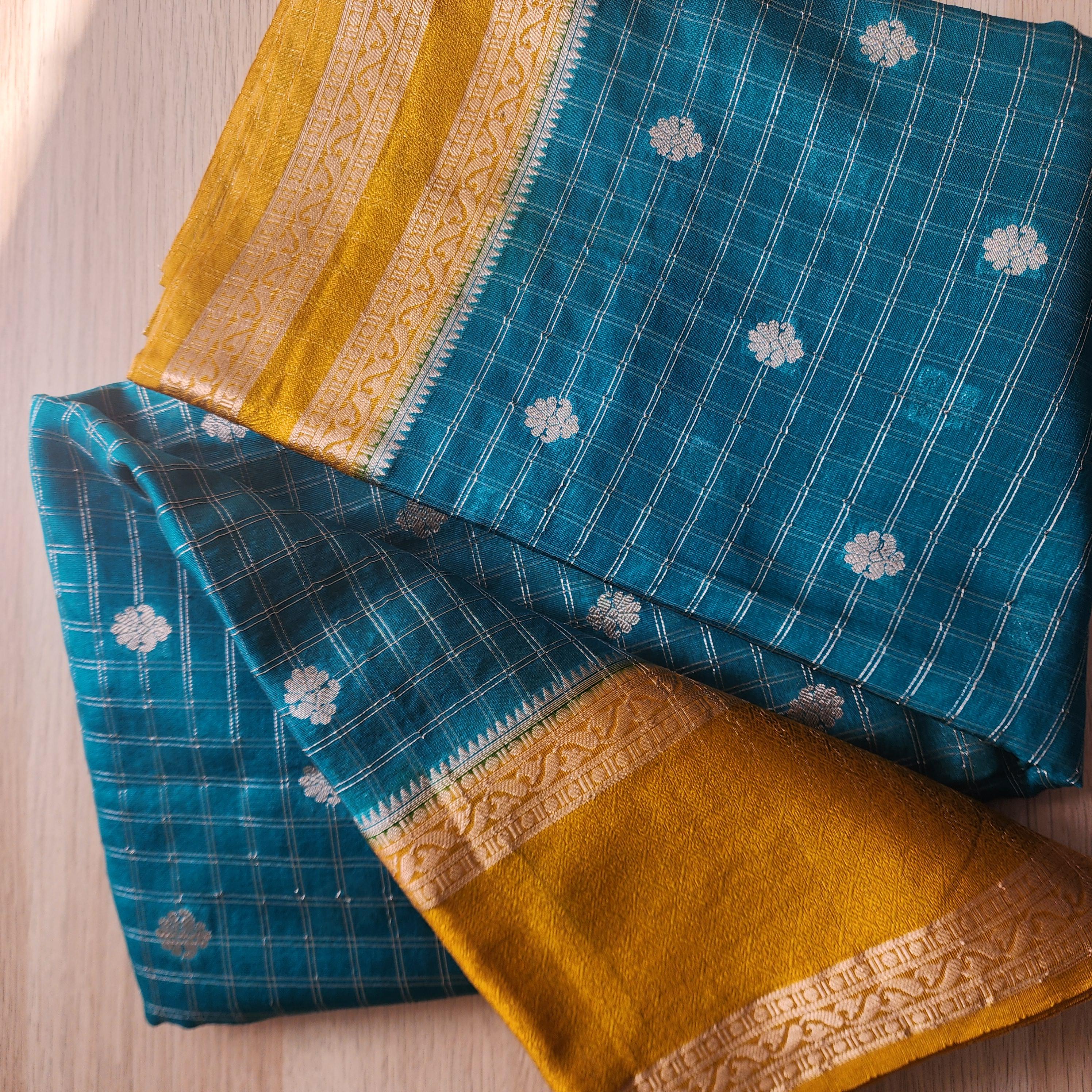 Banarasi Crepe Checks Buty in Teal & Gold Floral Motifs and Rich Border