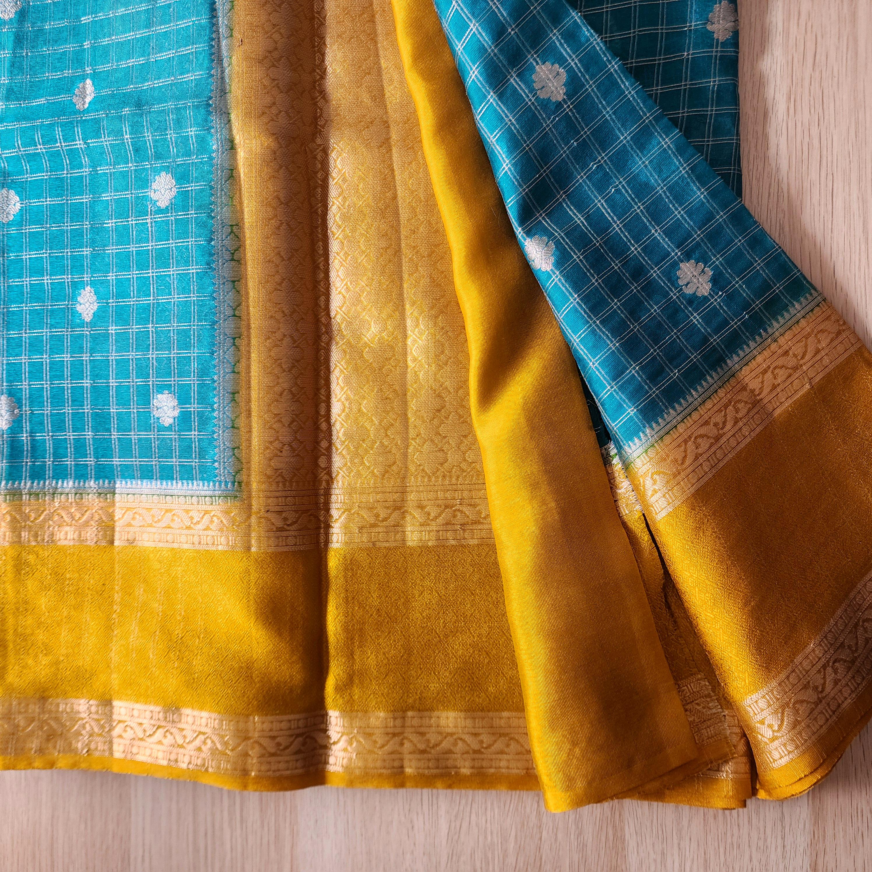 Banarasi Crepe Checks Buty in Teal & Gold Floral Motifs and Rich Border