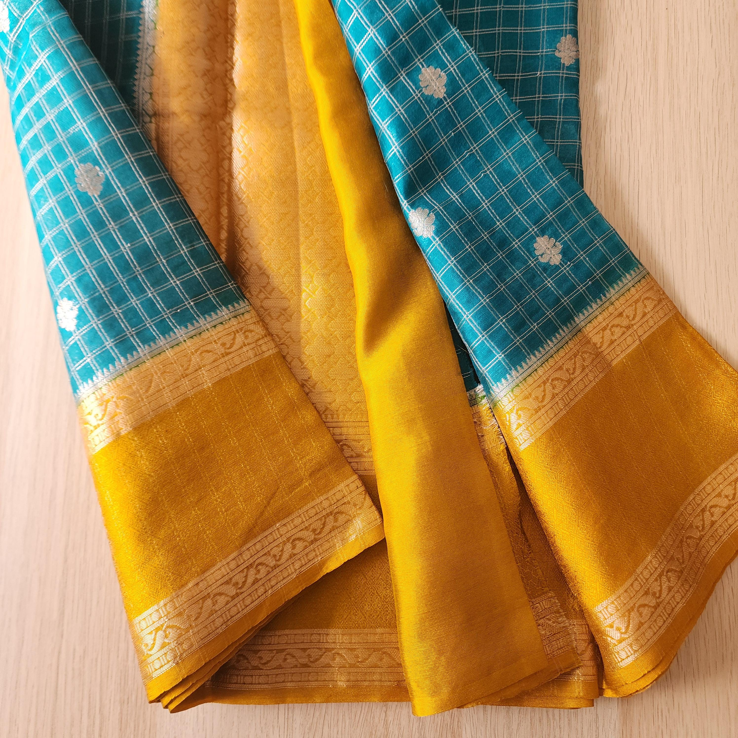 Banarasi Crepe Checks Buty in Teal & Gold Floral Motifs and Rich Border