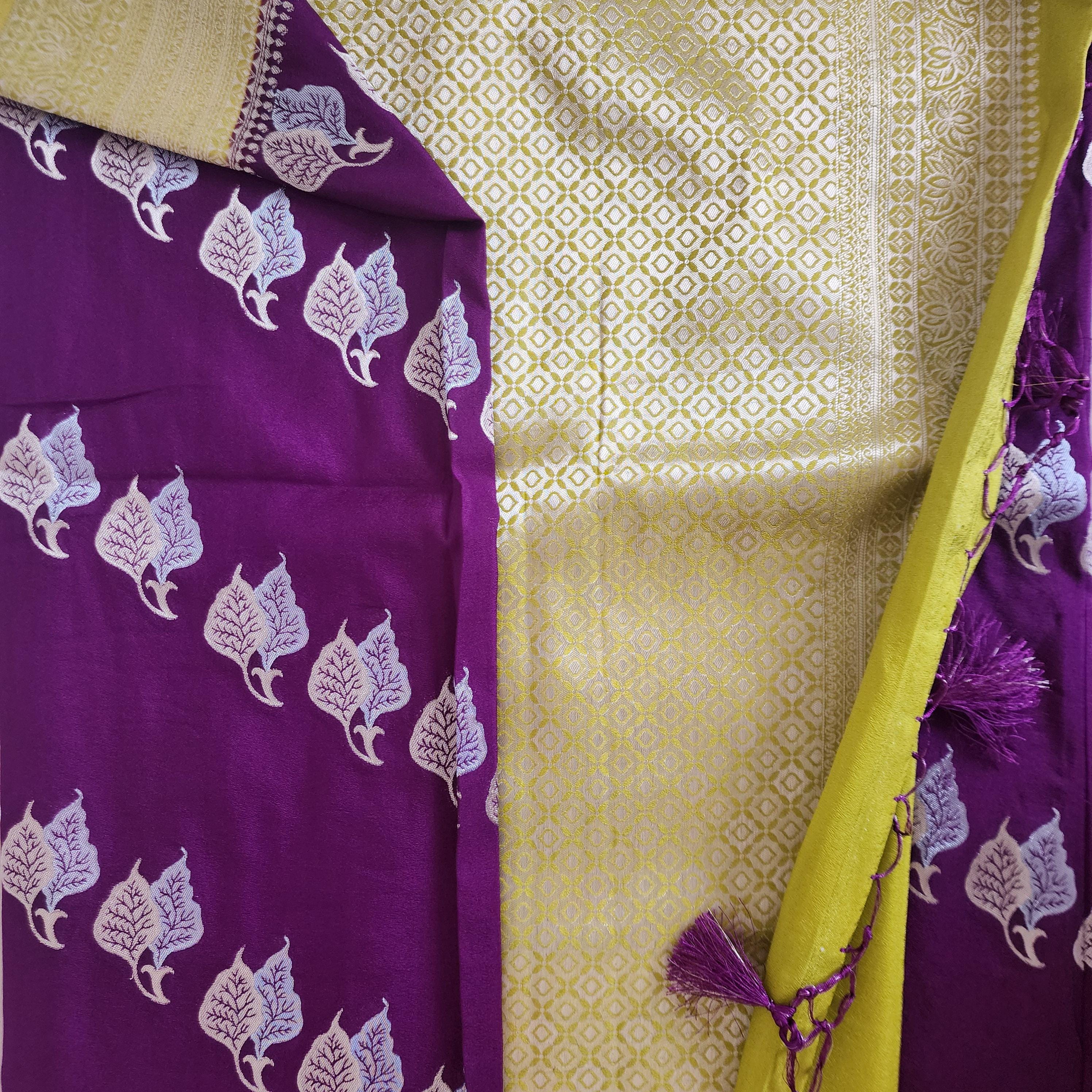 Regal Purple Mashru Silk Banarasi Saree with Leheriya Leaf pattern