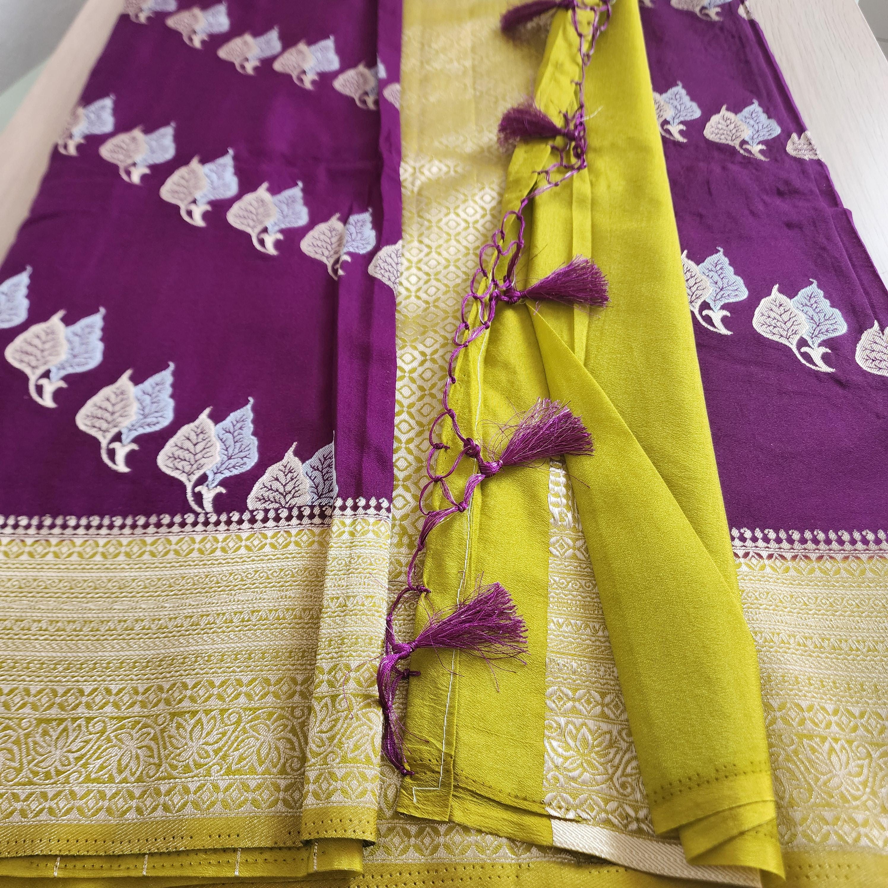 Regal Purple Mashru Silk Banarasi Saree with Leheriya Leaf pattern