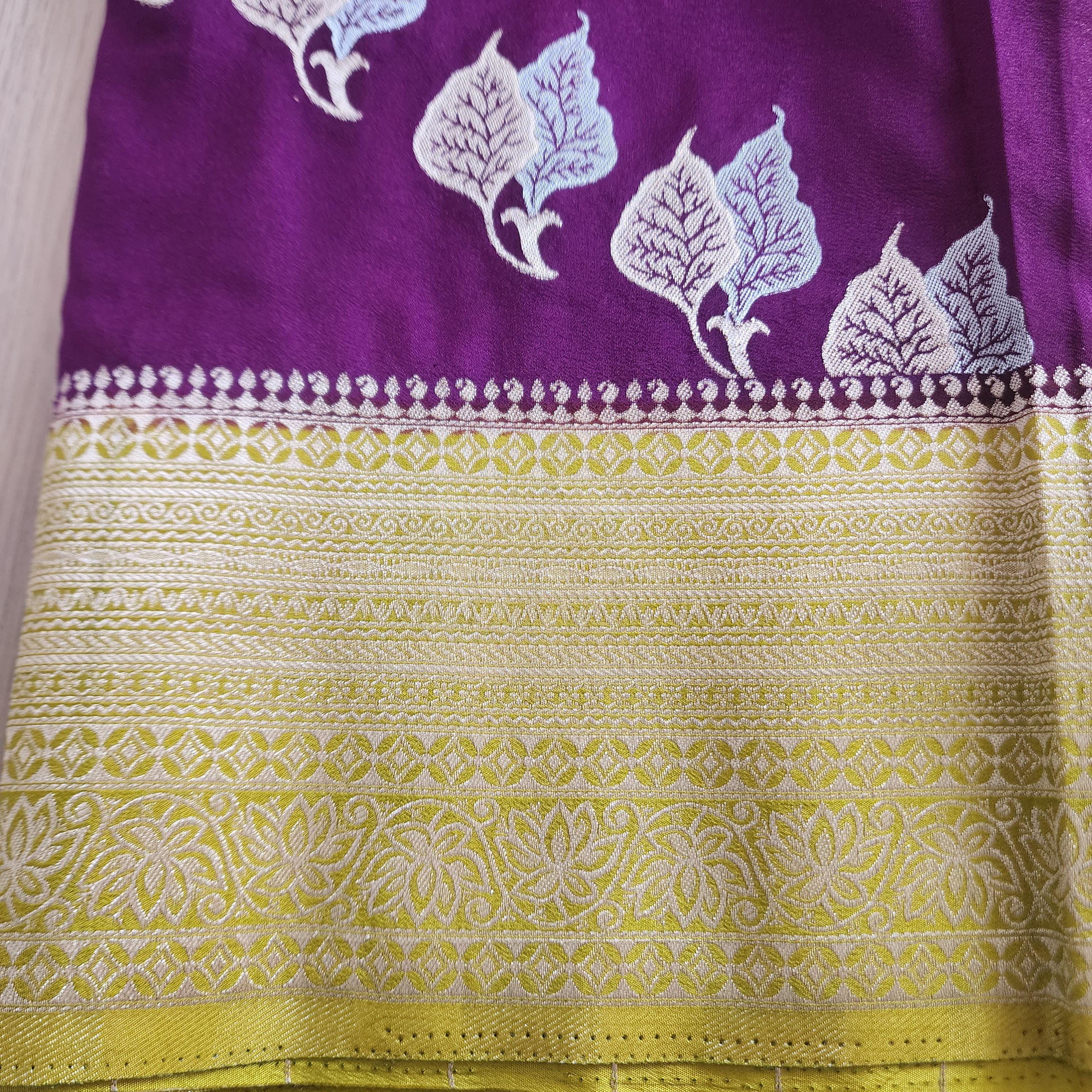 Regal Purple Mashru Silk Banarasi Saree with Leheriya Leaf pattern