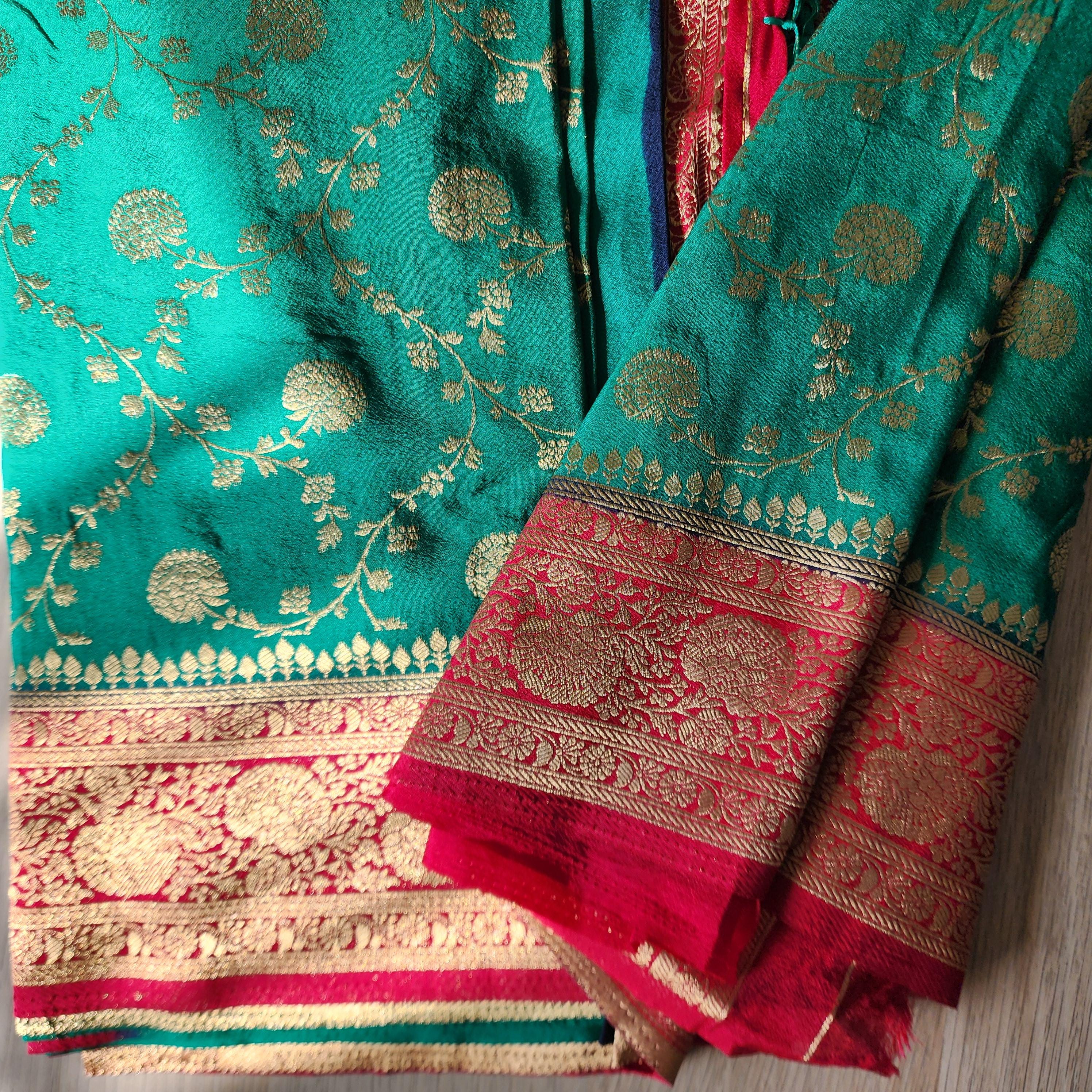 Emerald Green Banarasi Saree with traditional Red Jaal border