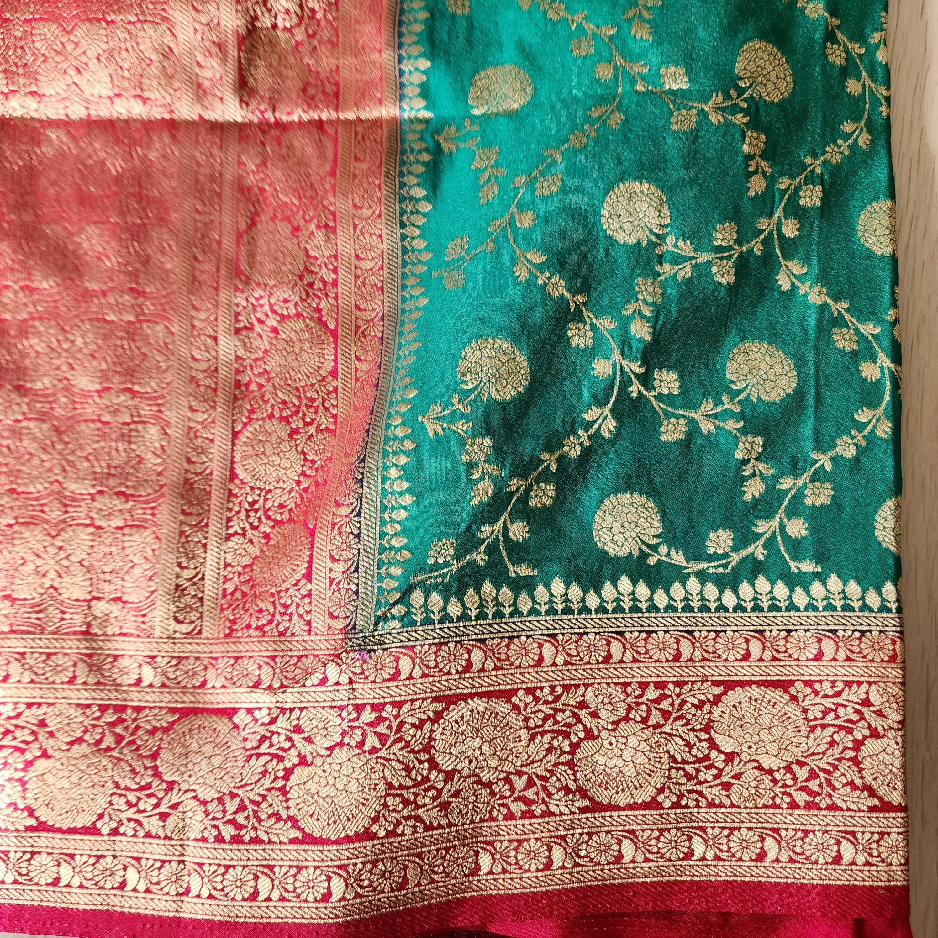 Emerald Green Banarasi Saree with traditional Red Jaal border