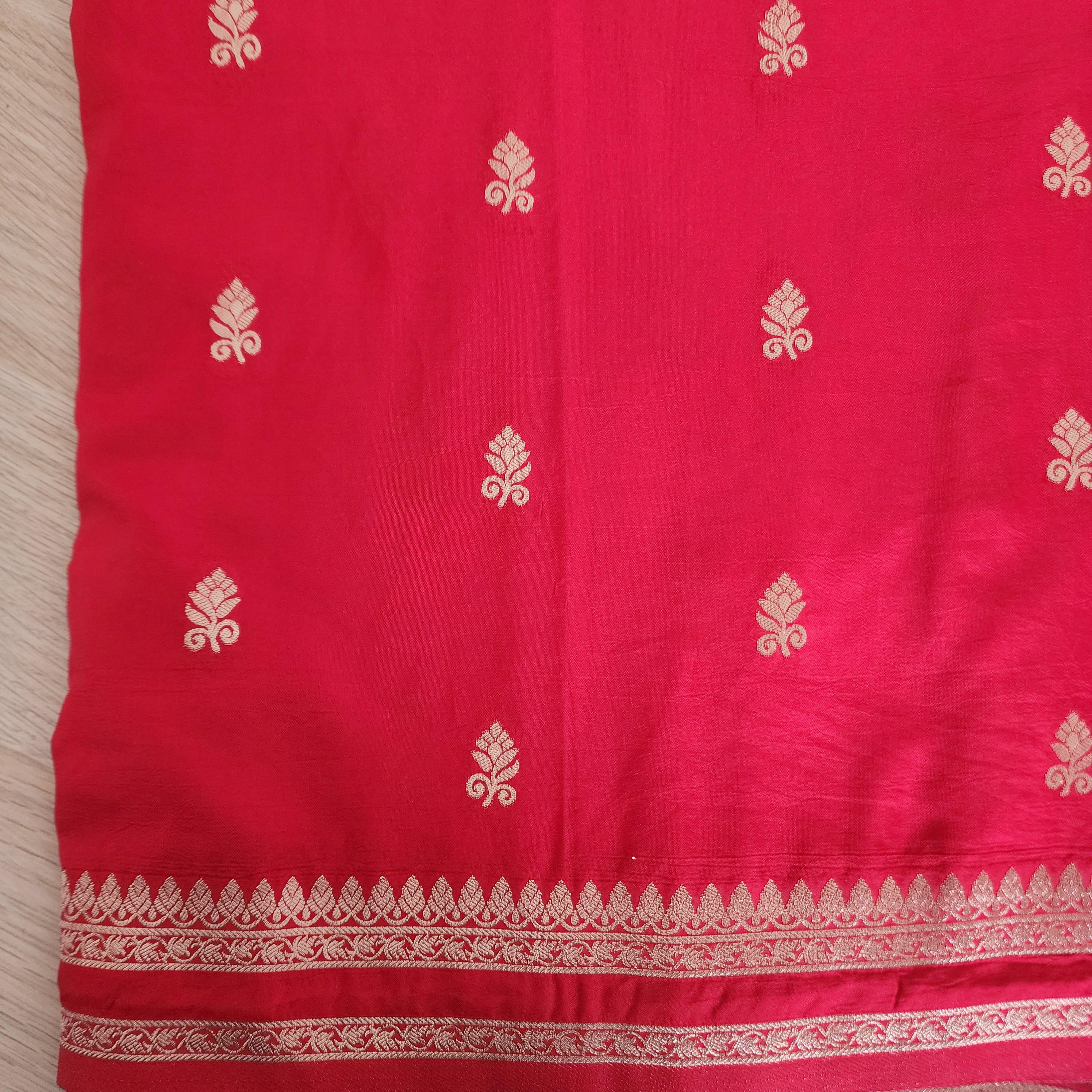 Classic Red Banarasi Crepe Silk Saree with Gold Floral Motif