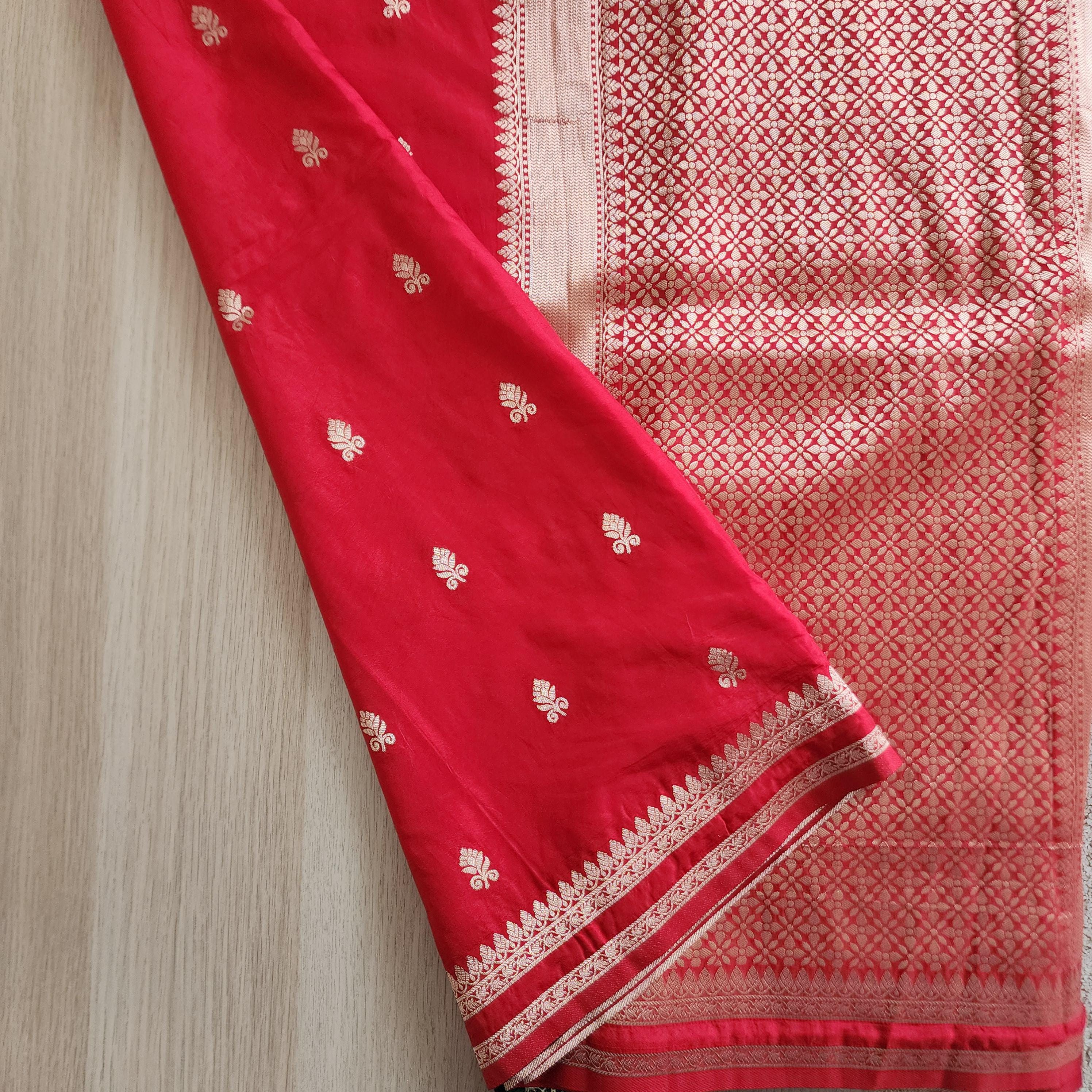 Classic Red Banarasi Crepe Silk Saree with Gold Floral Motif