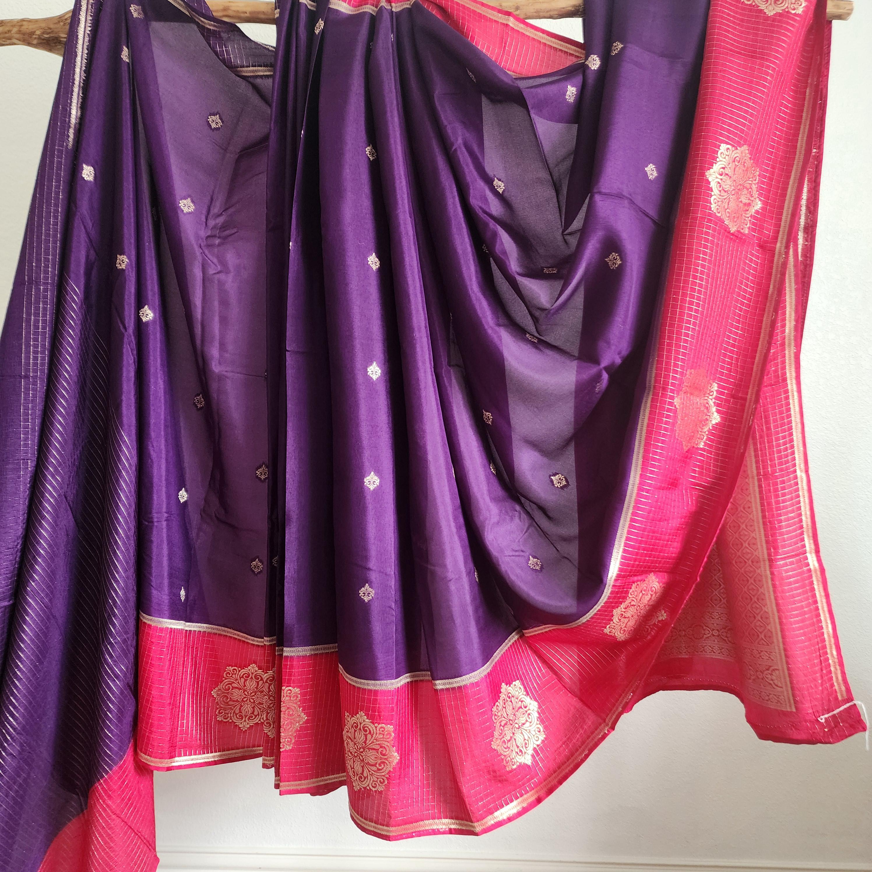Deep Purple and Red Banarasi Silk Saree with Checkered Skirt Border