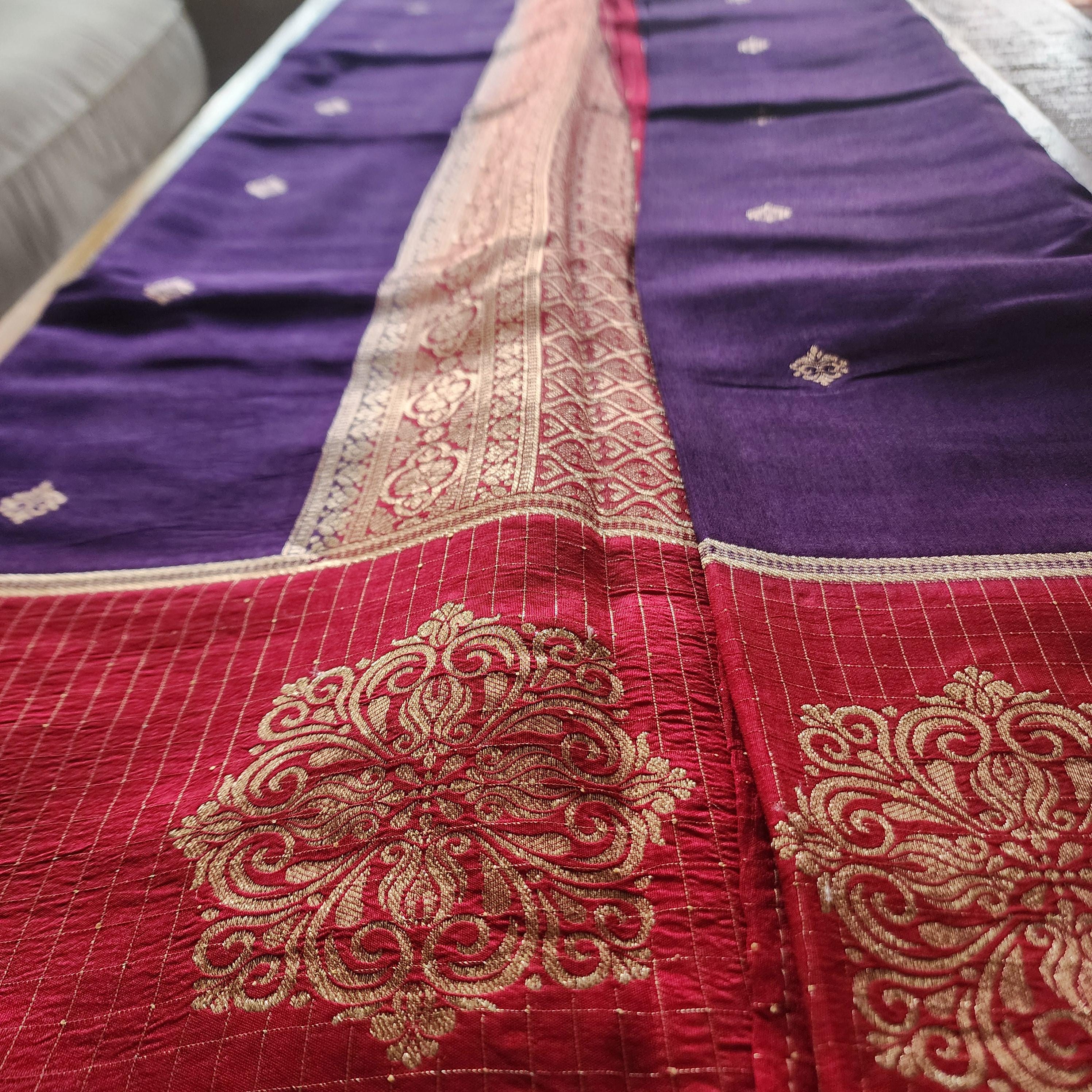 Deep Purple and Red Banarasi Silk Saree with Checkered Skirt Border