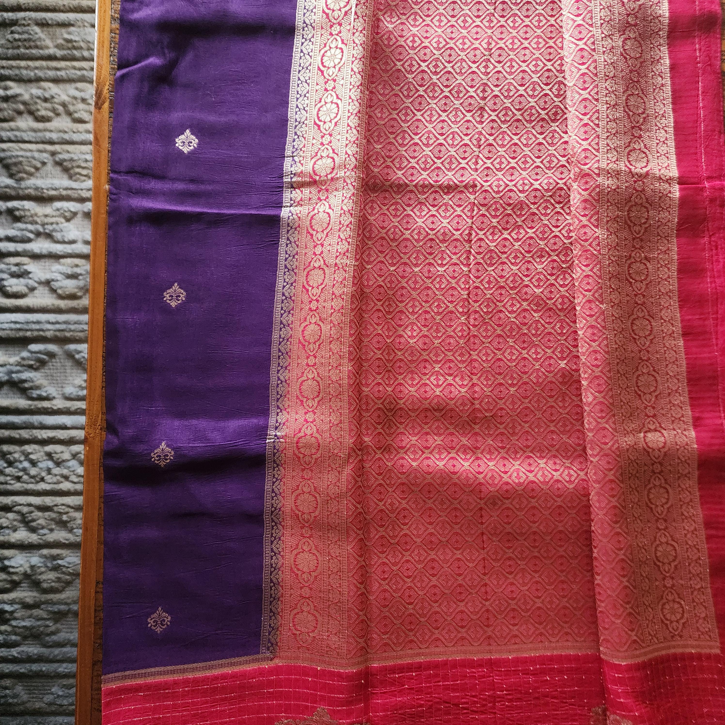 Deep Purple and Red Banarasi Silk Saree with Checkered Skirt Border