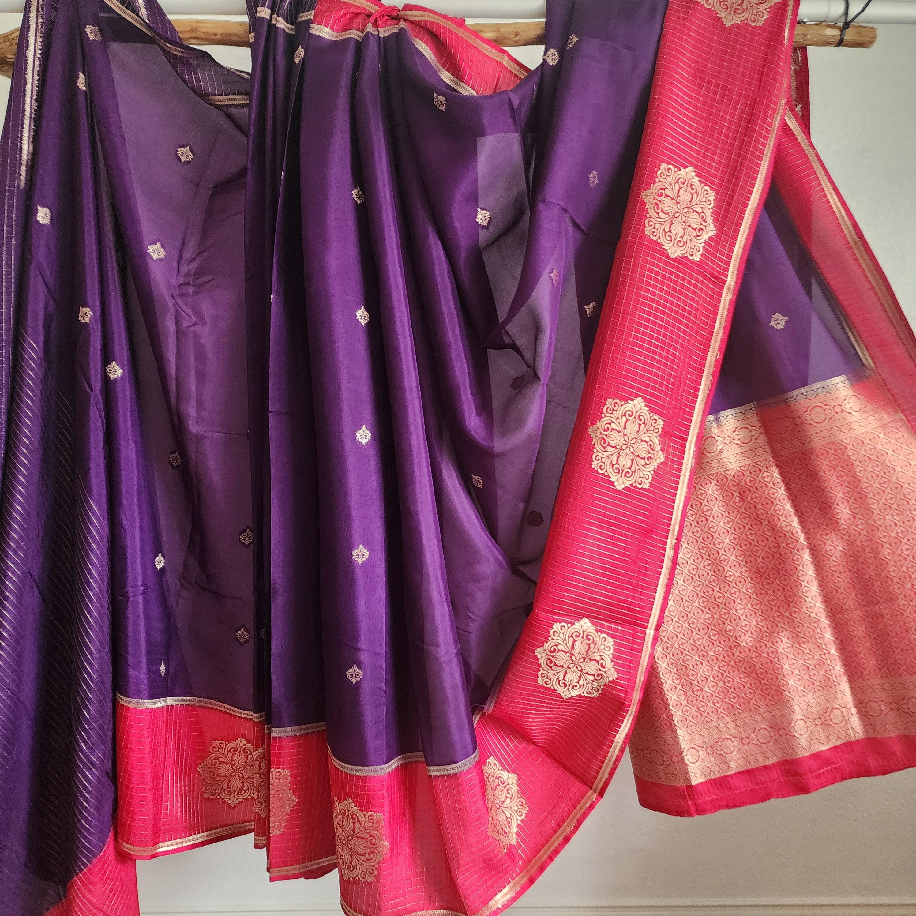 Deep Purple and Red Banarasi Silk Saree with Checkered Skirt Border