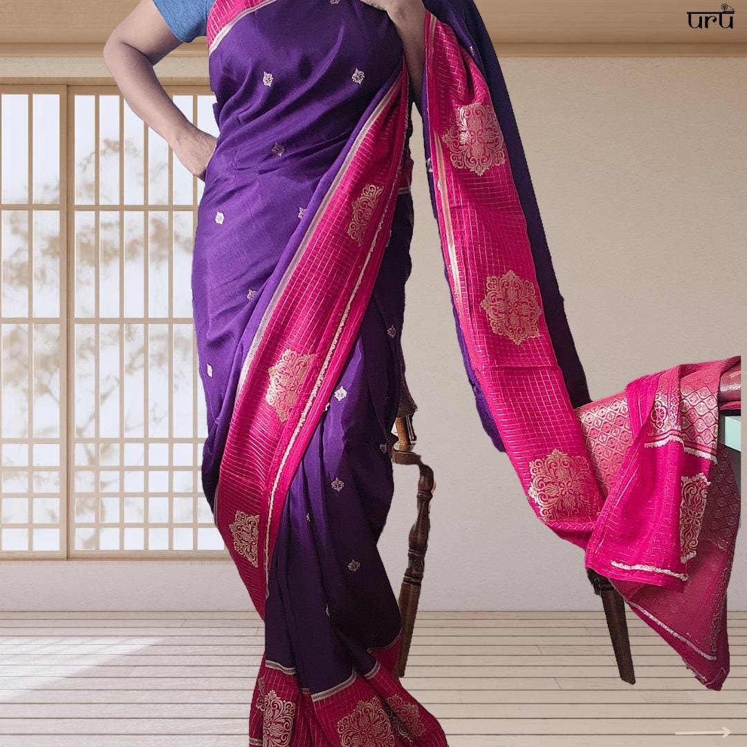 Deep Purple and Red Banarasi Silk Saree with Checkered Skirt Border