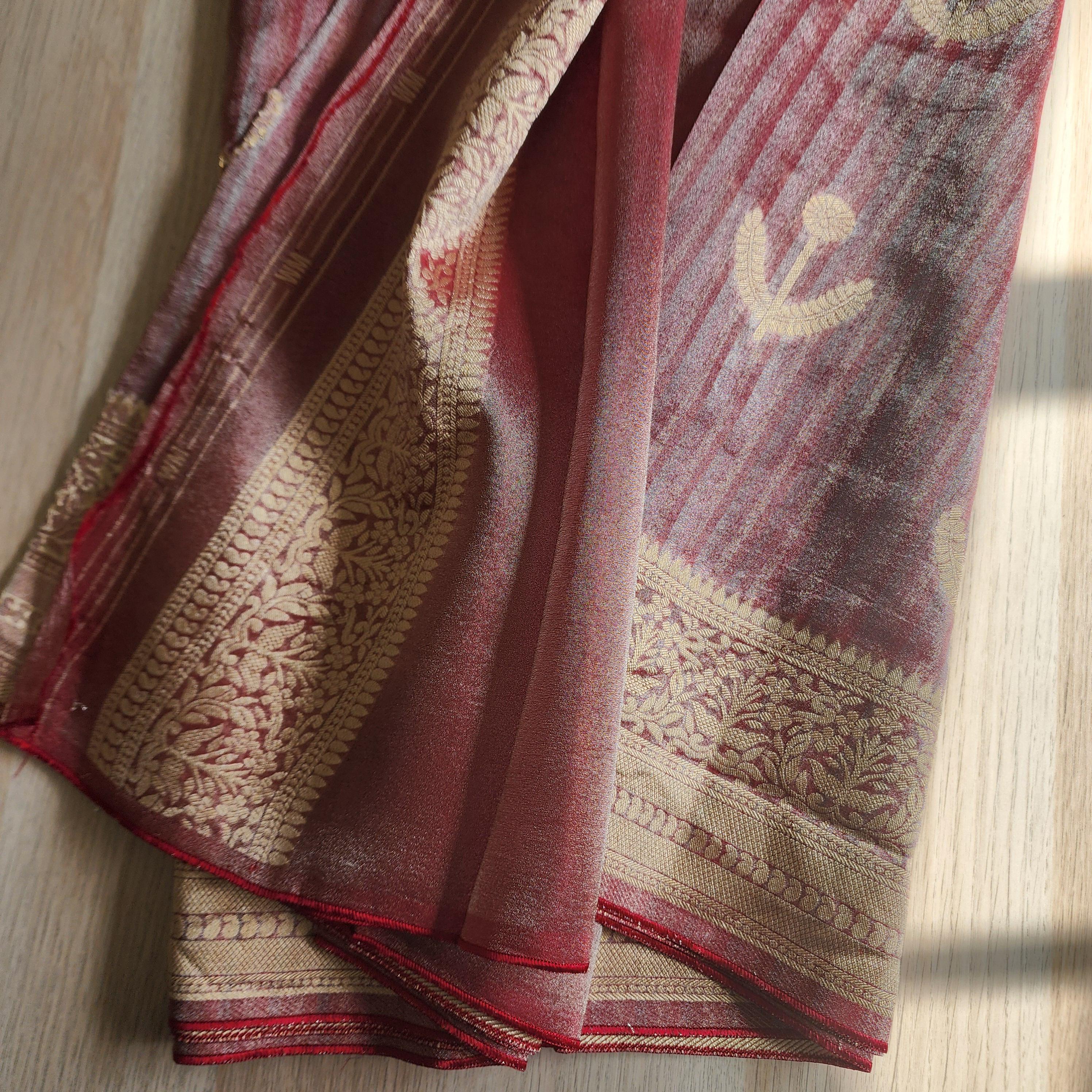 Maroon Handwoven Tissue Silk Saree with Reshmi Gold Multi patti