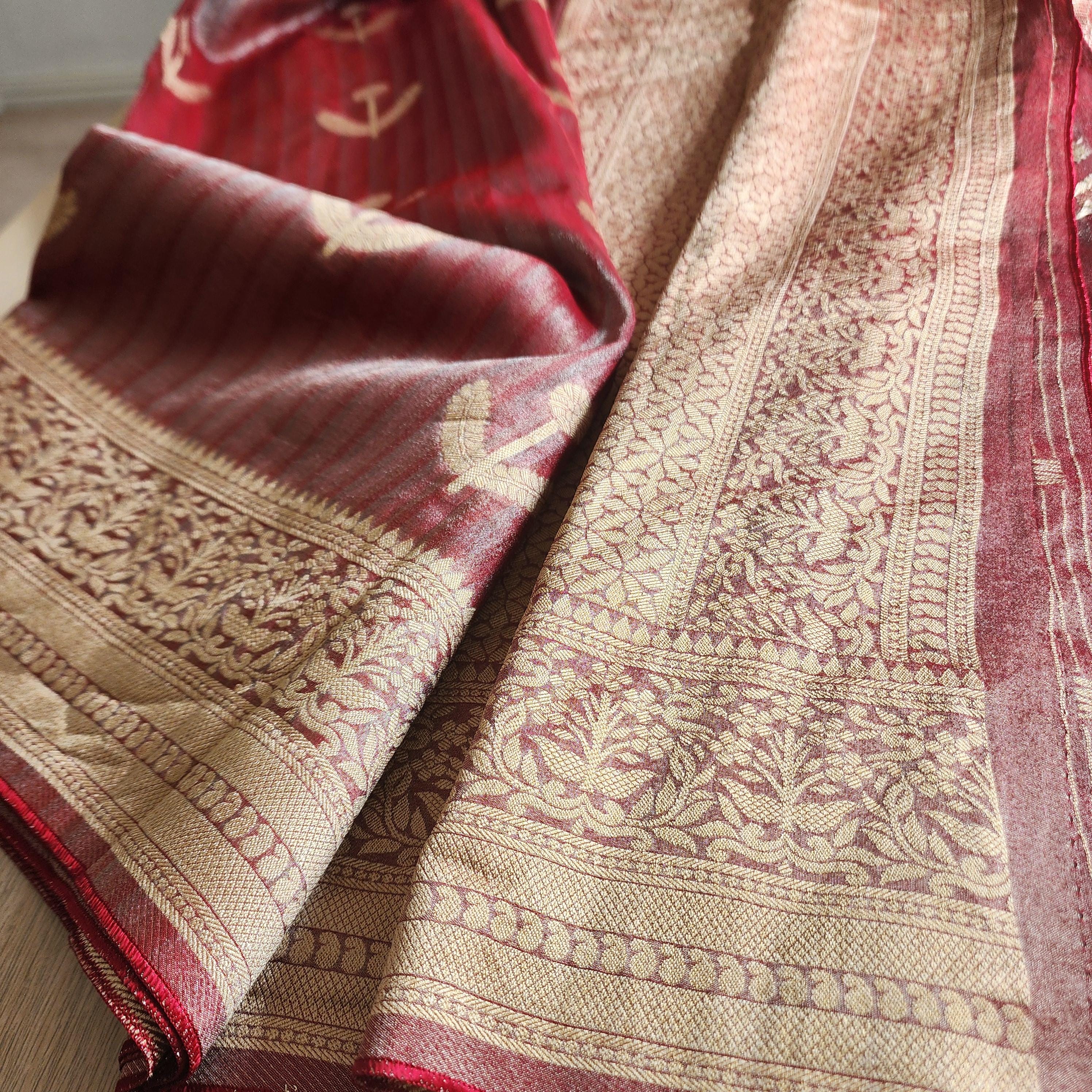 Maroon Handwoven Tissue Silk Saree with Reshmi Gold Multi patti