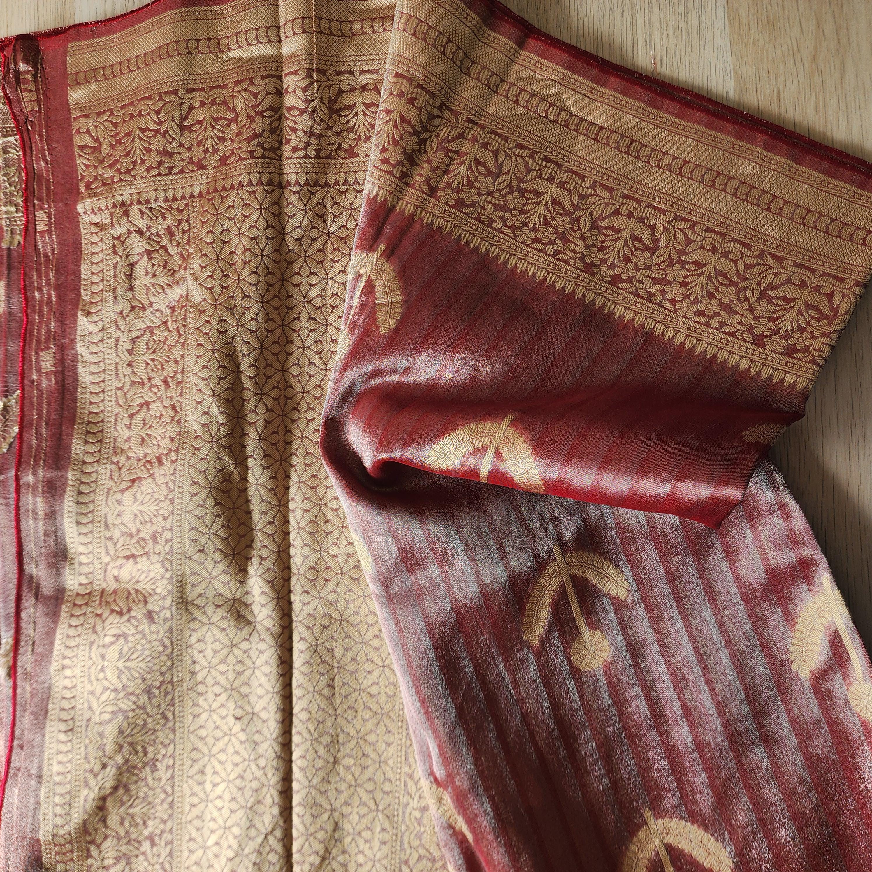 Maroon Handwoven Tissue Silk Saree with Reshmi Gold Multi patti