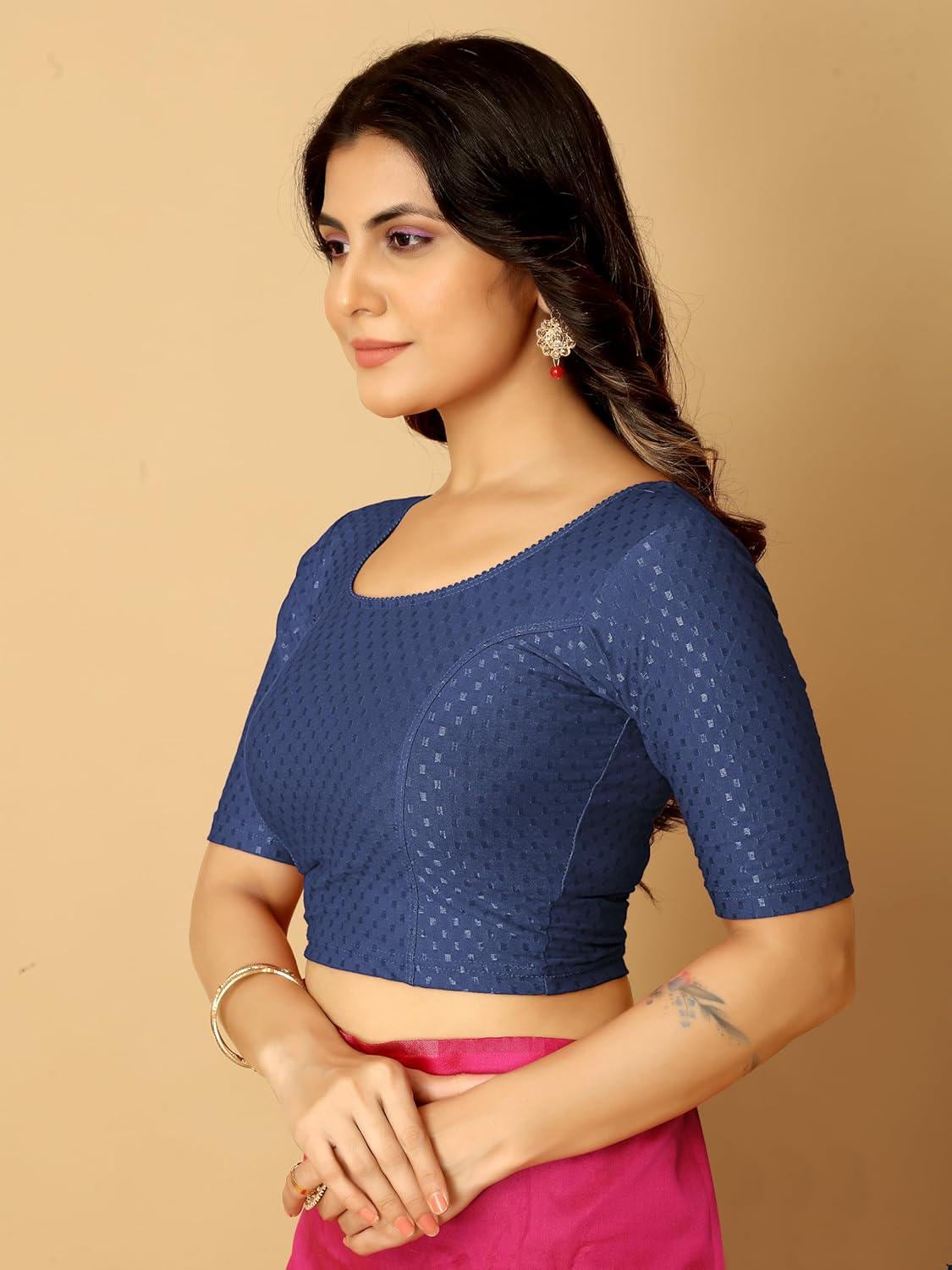 Anarva Round Neck Dobby Cotton Lycra Stretchable Elbow Half Sleeve Readymade Saree Blouse for Women Stylish