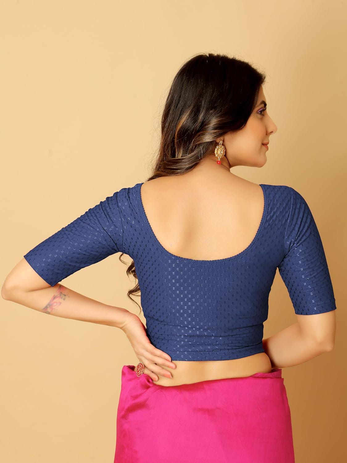 Anarva Round Neck Dobby Cotton Lycra Stretchable Elbow Half Sleeve Readymade Saree Blouse for Women Stylish