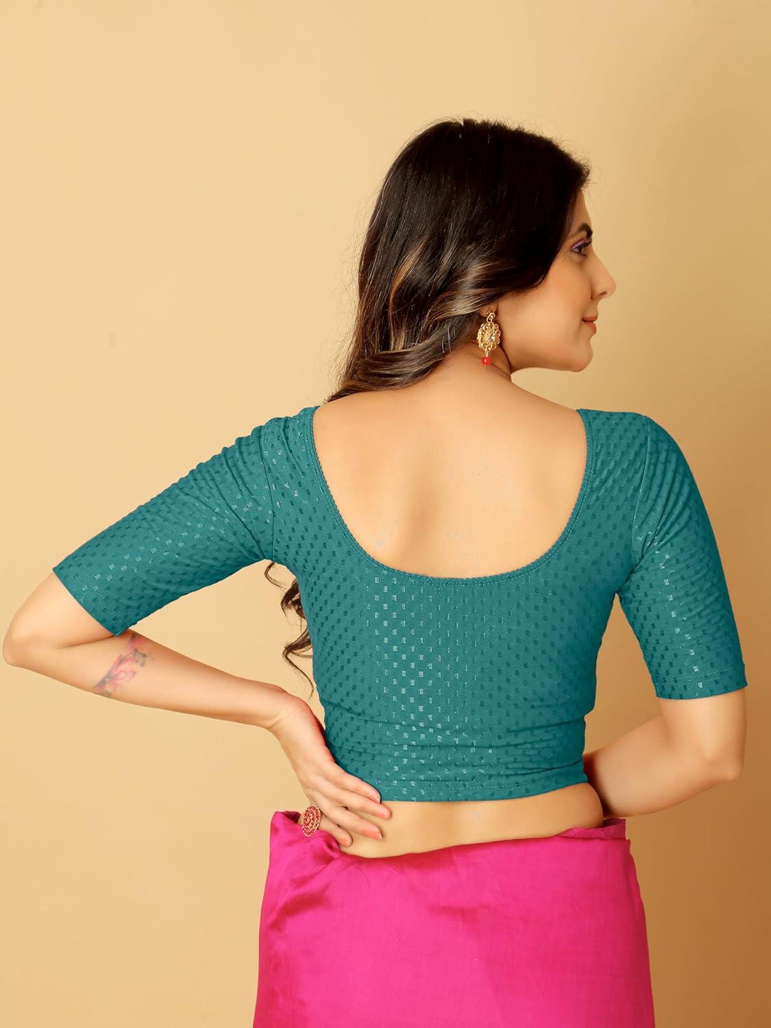 Stretchable Elbow Half Sleeve Blouse in Teal