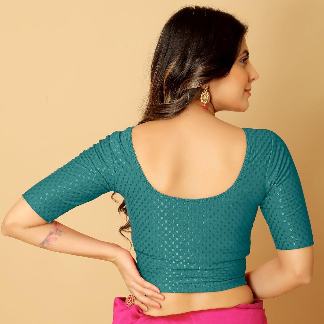 Teal - Stretchable Elbow Sleeve Saree Blouse