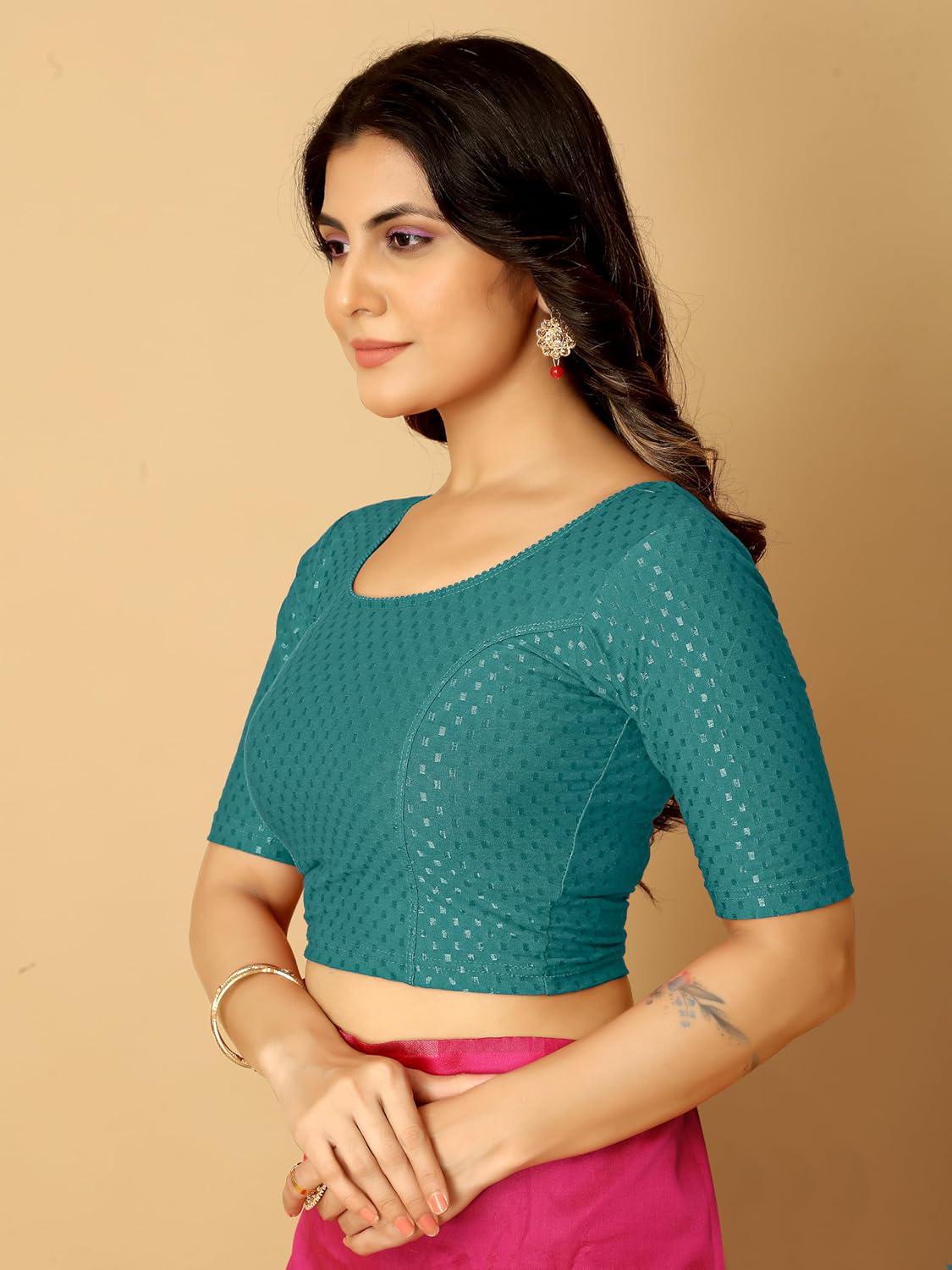 Stretchable Elbow Half Sleeve Blouse in Teal
