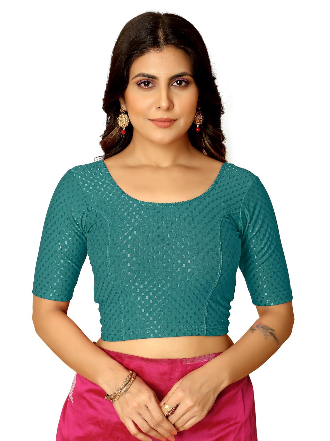 Stretchable Elbow Half Sleeve Blouse in Teal