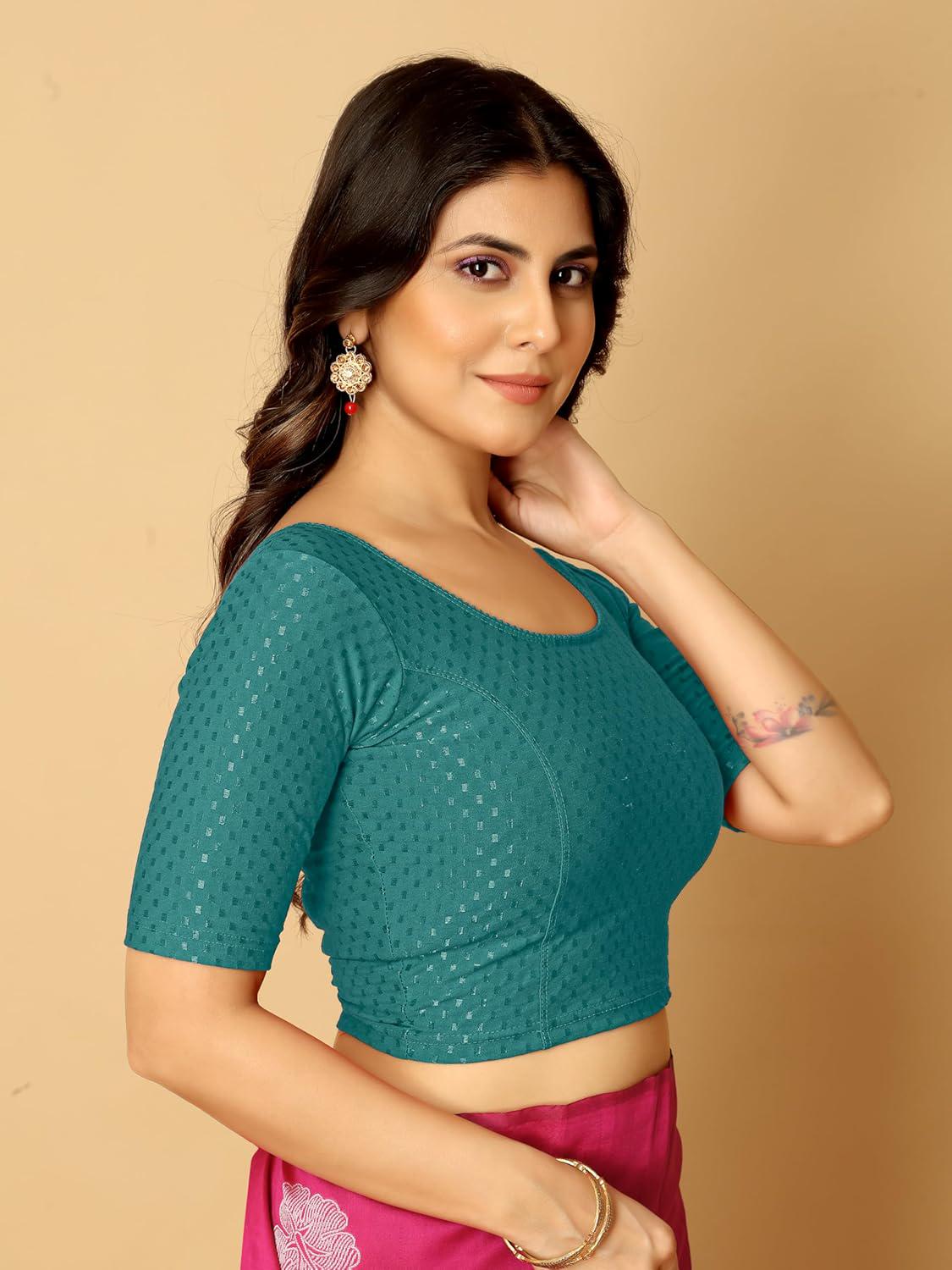 Stretchable Elbow Half Sleeve Blouse in Teal