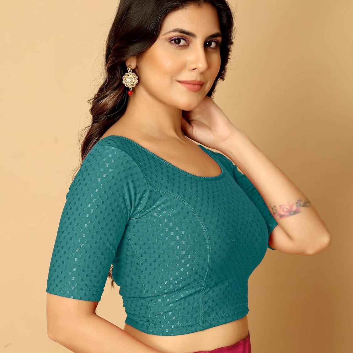 Teal - Stretchable Elbow Sleeve Saree Blouse