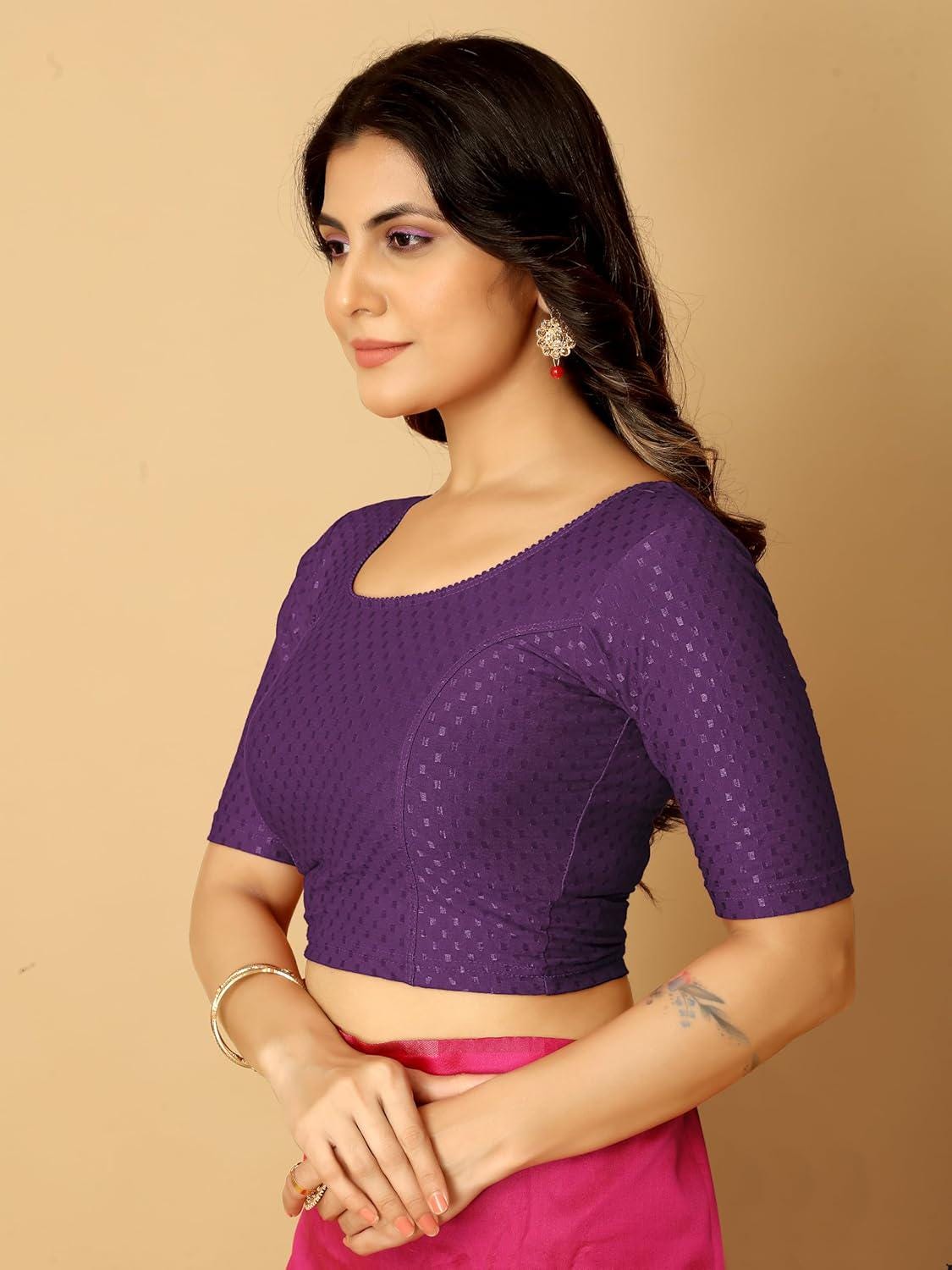 Stretchable Elbow Half Sleeve Blouse in Purple