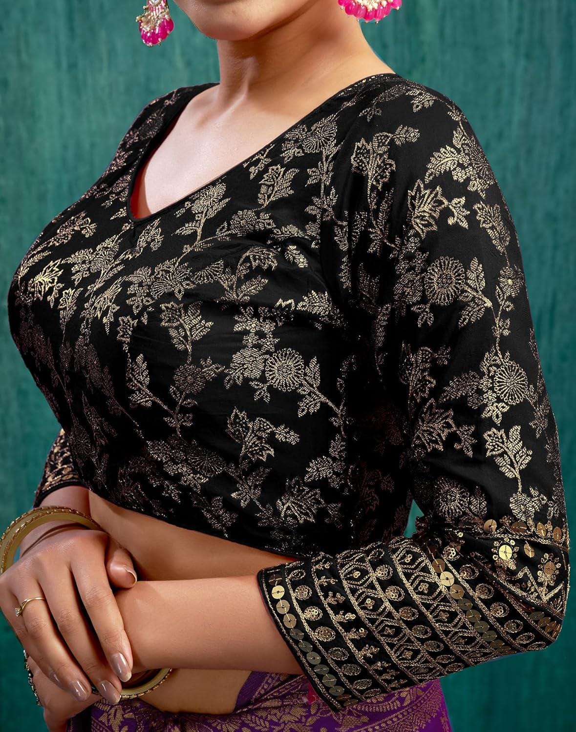 Padded Saree Blouse with Sequence Embroidery- 3/4 Sleeve