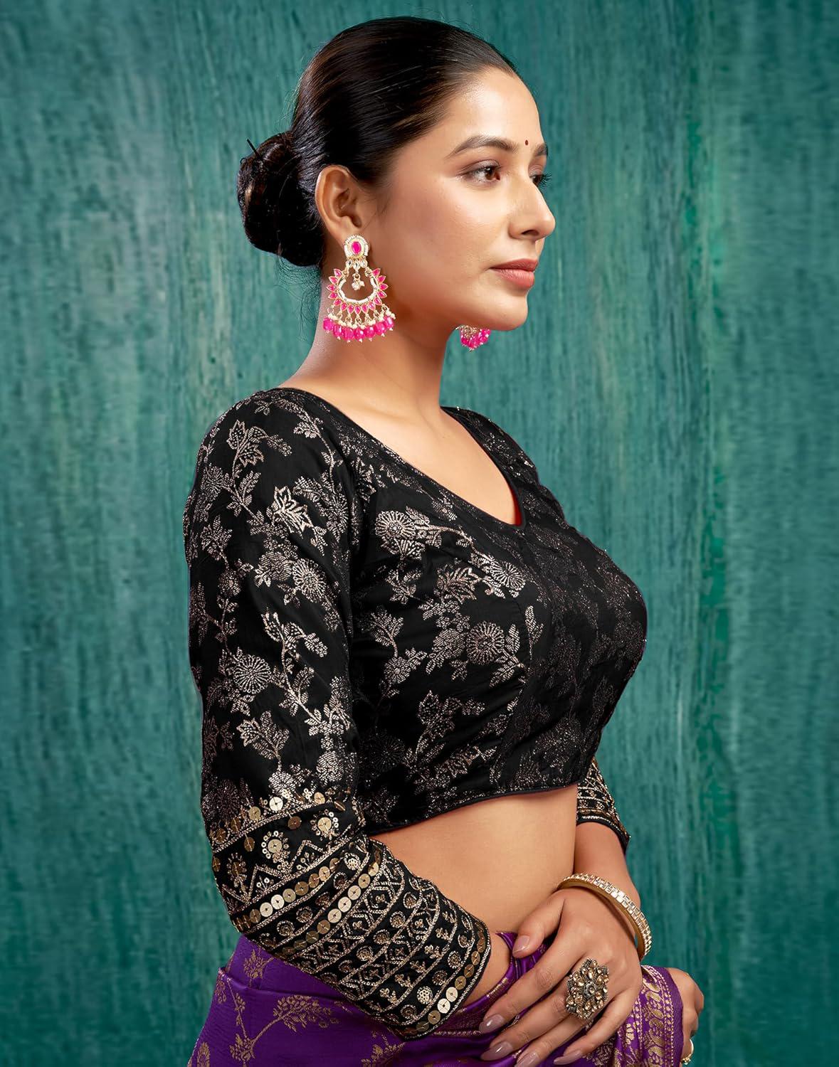 Padded Saree Blouse with Sequence Embroidery- 3/4 Sleeve