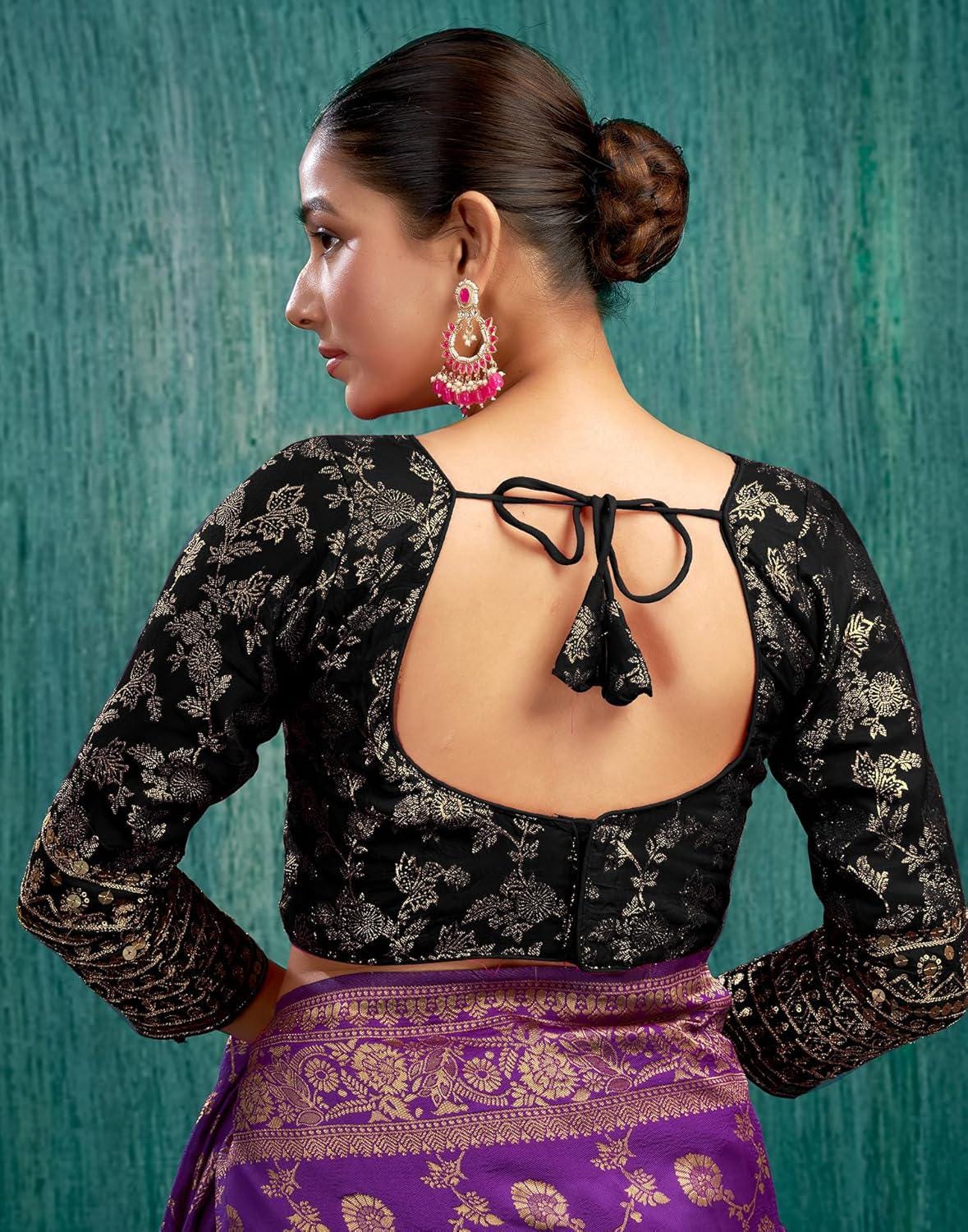 Padded Saree Blouse with Sequence Embroidery- 3/4 Sleeve
