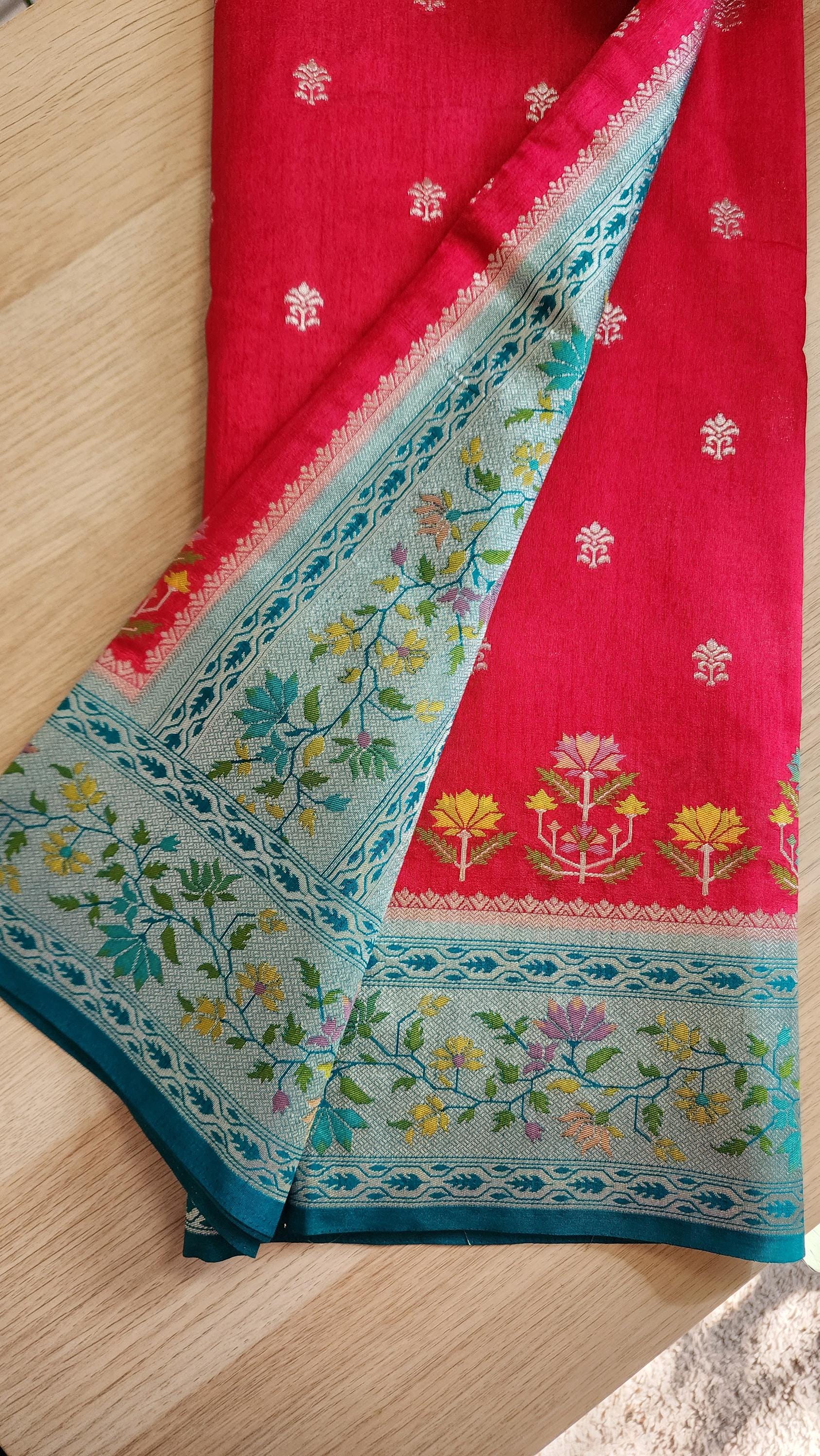 Banarasi Silk Saree Red Meenakari Zari Border & Palla