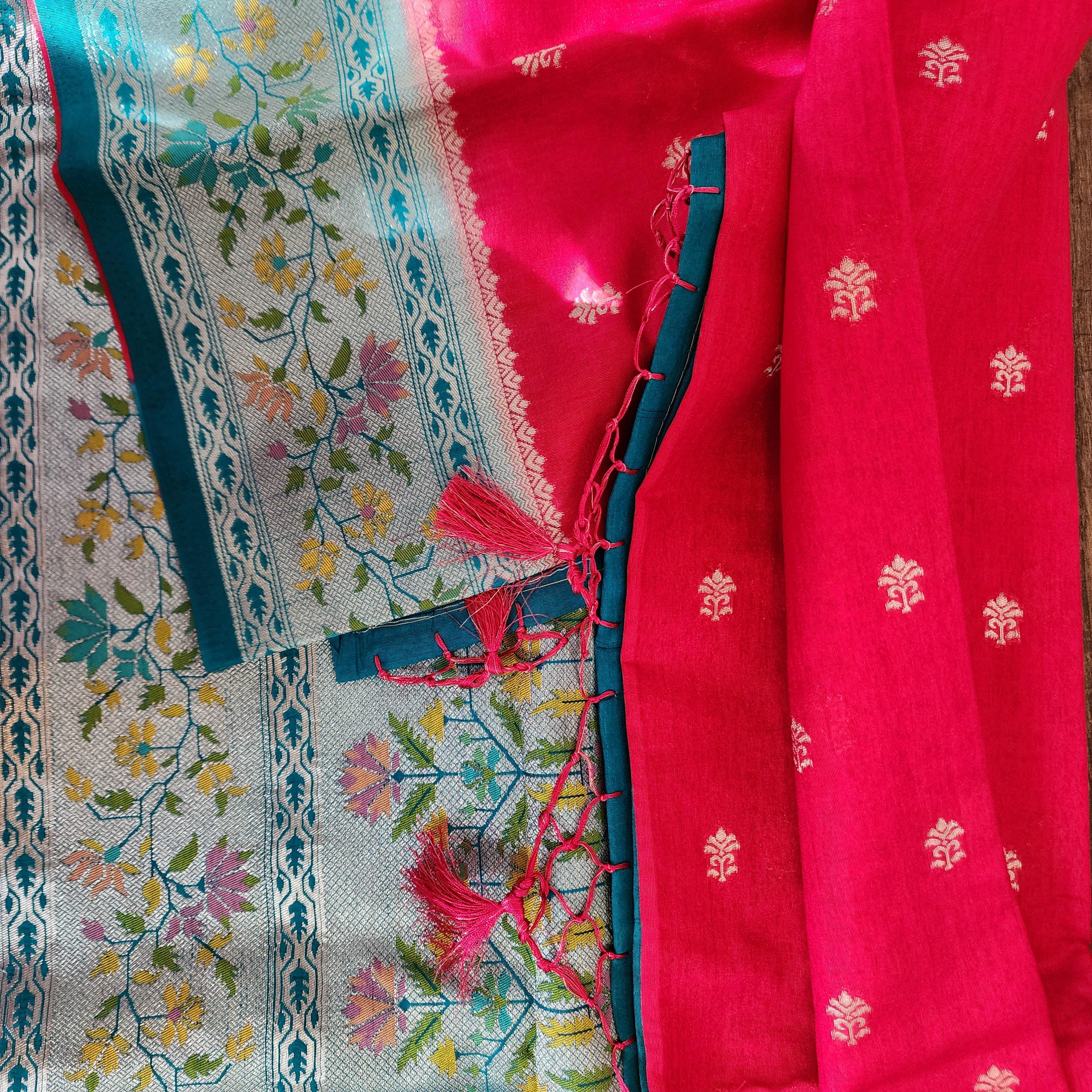 Banarasi Silk Saree Red Meenakari Zari Border & Palla