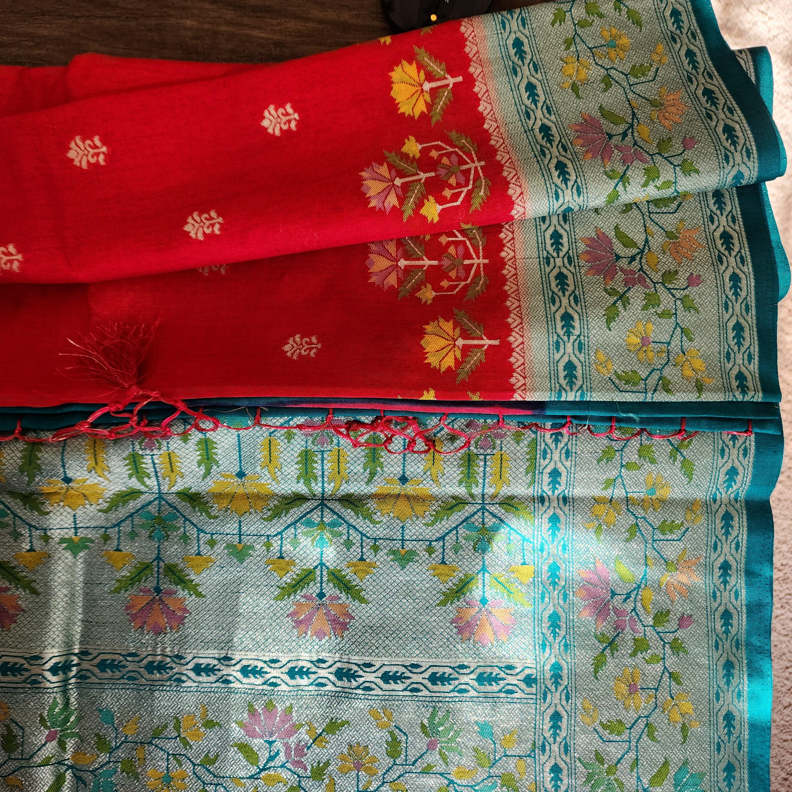 Banarasi Silk Saree Red Meenakari Zari Border & Palla