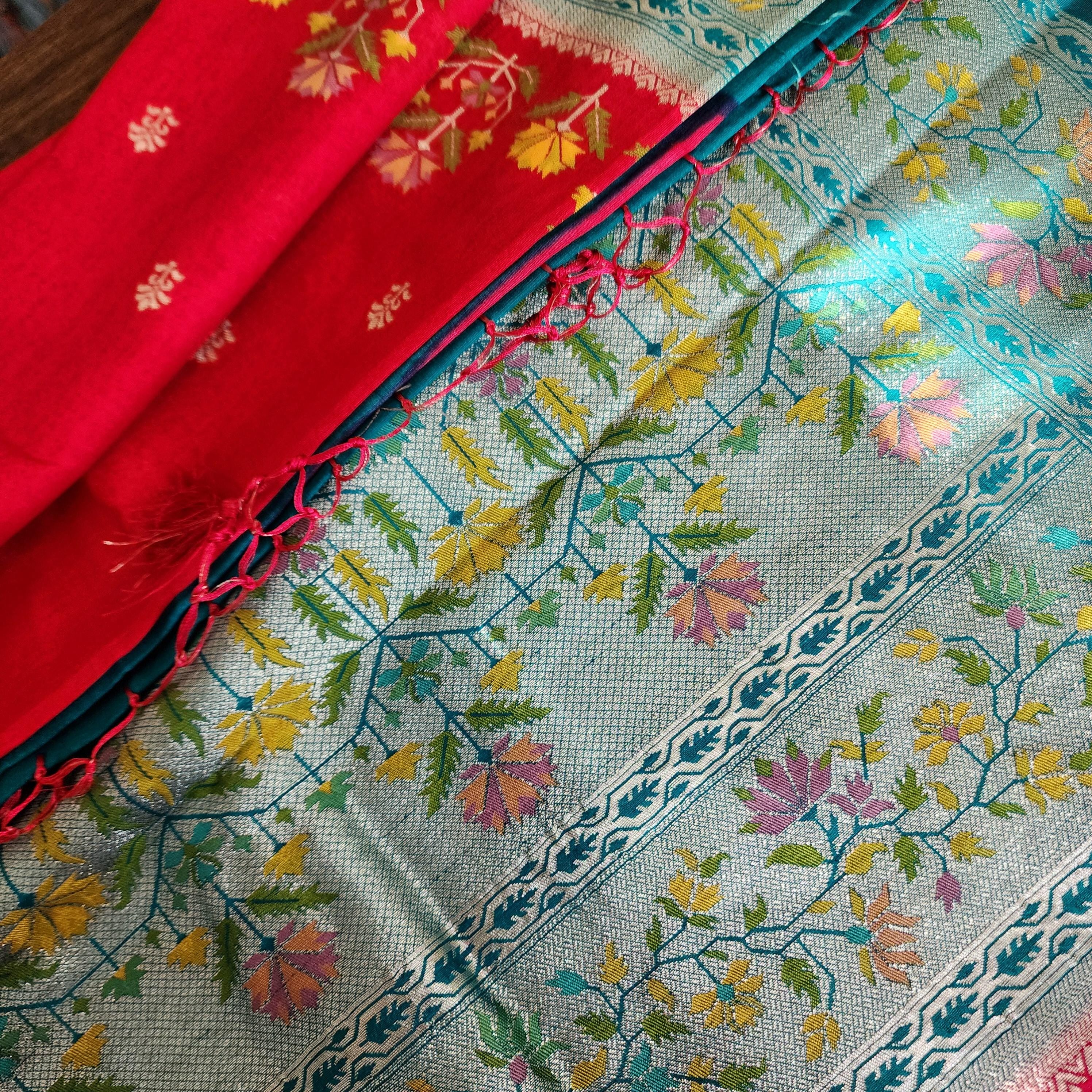 Banarasi Silk Saree Red Meenakari Zari Border & Palla