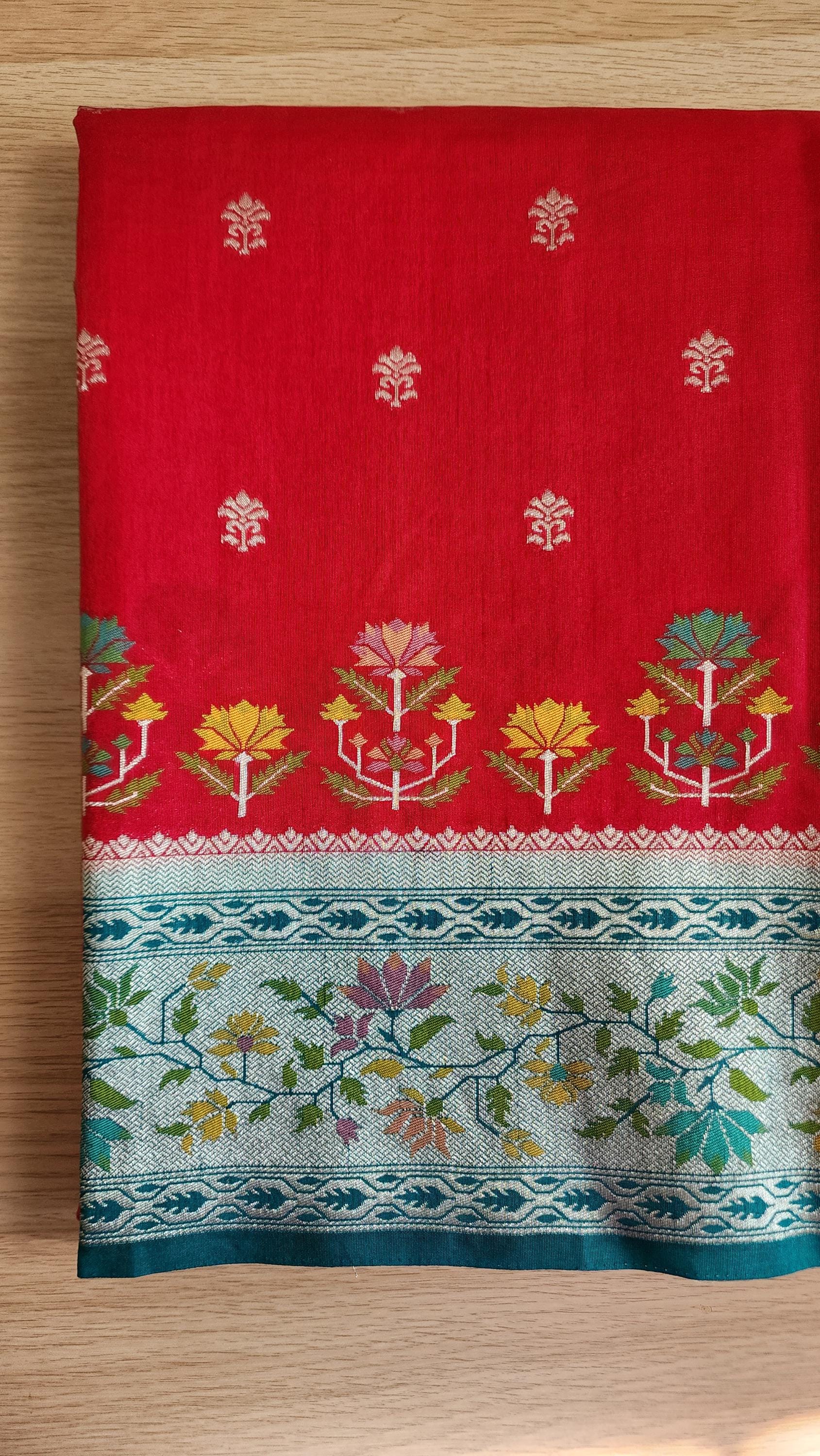 Banarasi Silk Saree Red Meenakari Zari Border & Palla