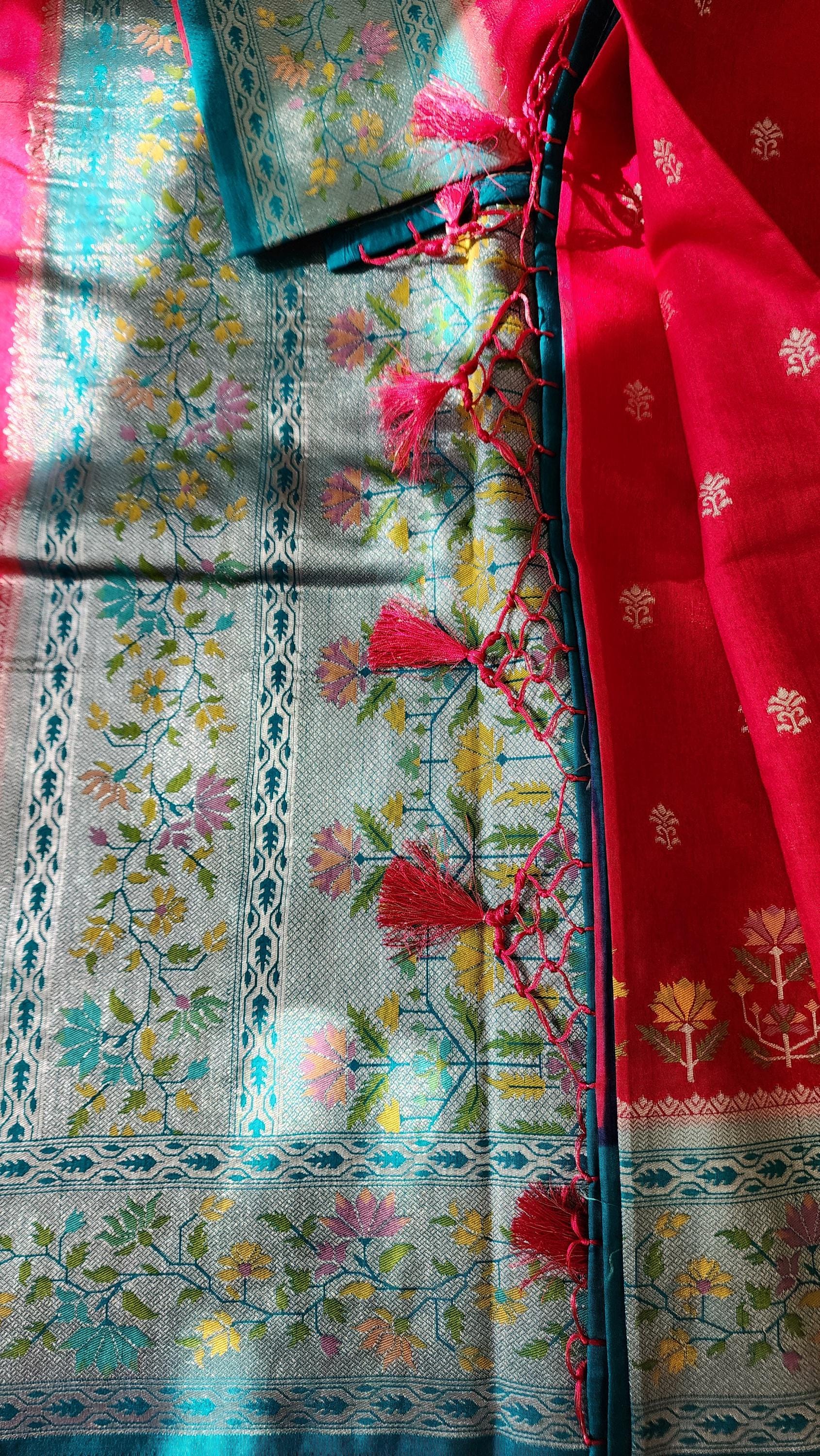 Banarasi Silk Saree Red Meenakari Zari Border & Palla