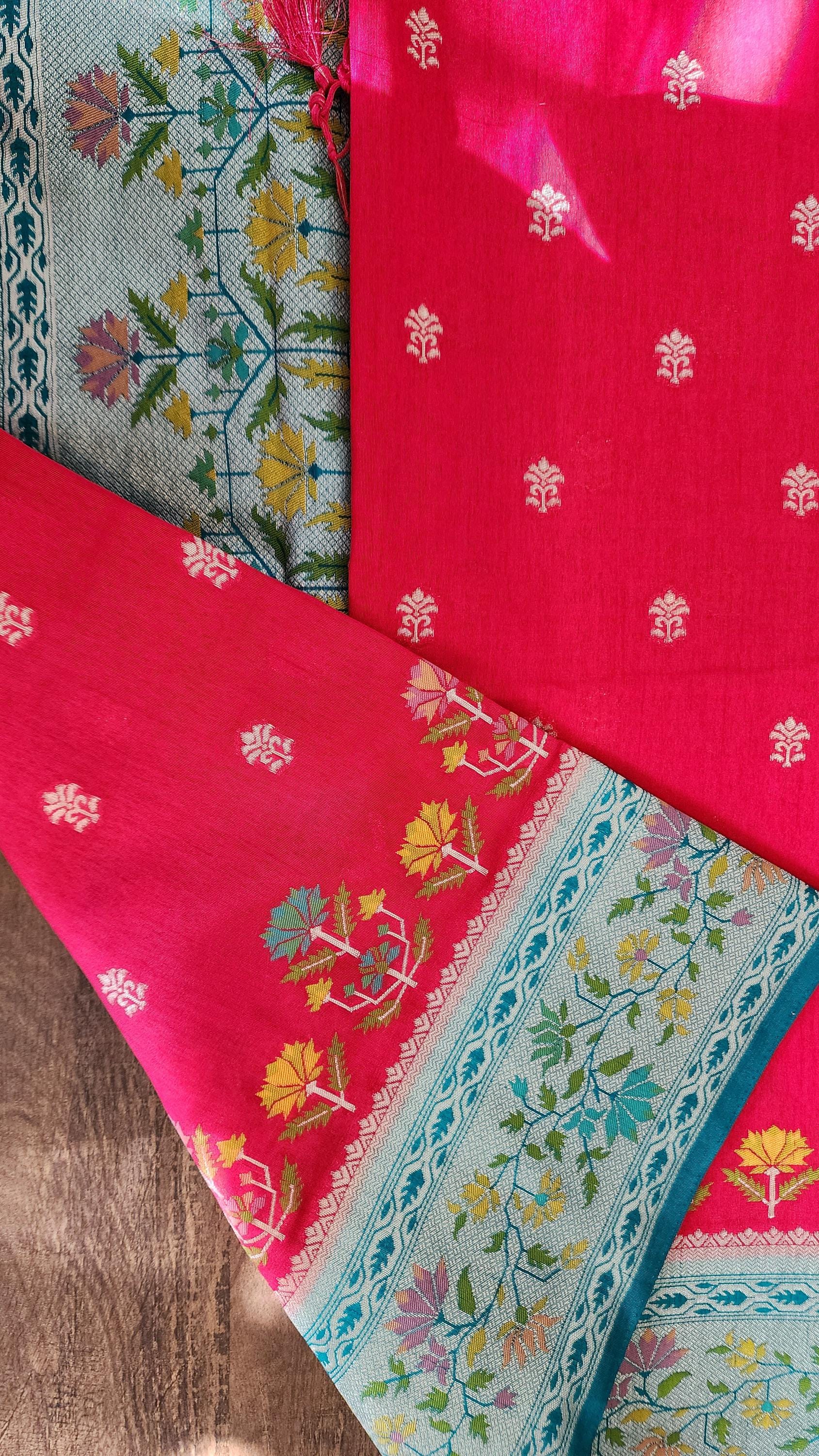 Banarasi Silk Saree Red Meenakari Zari Border & Palla