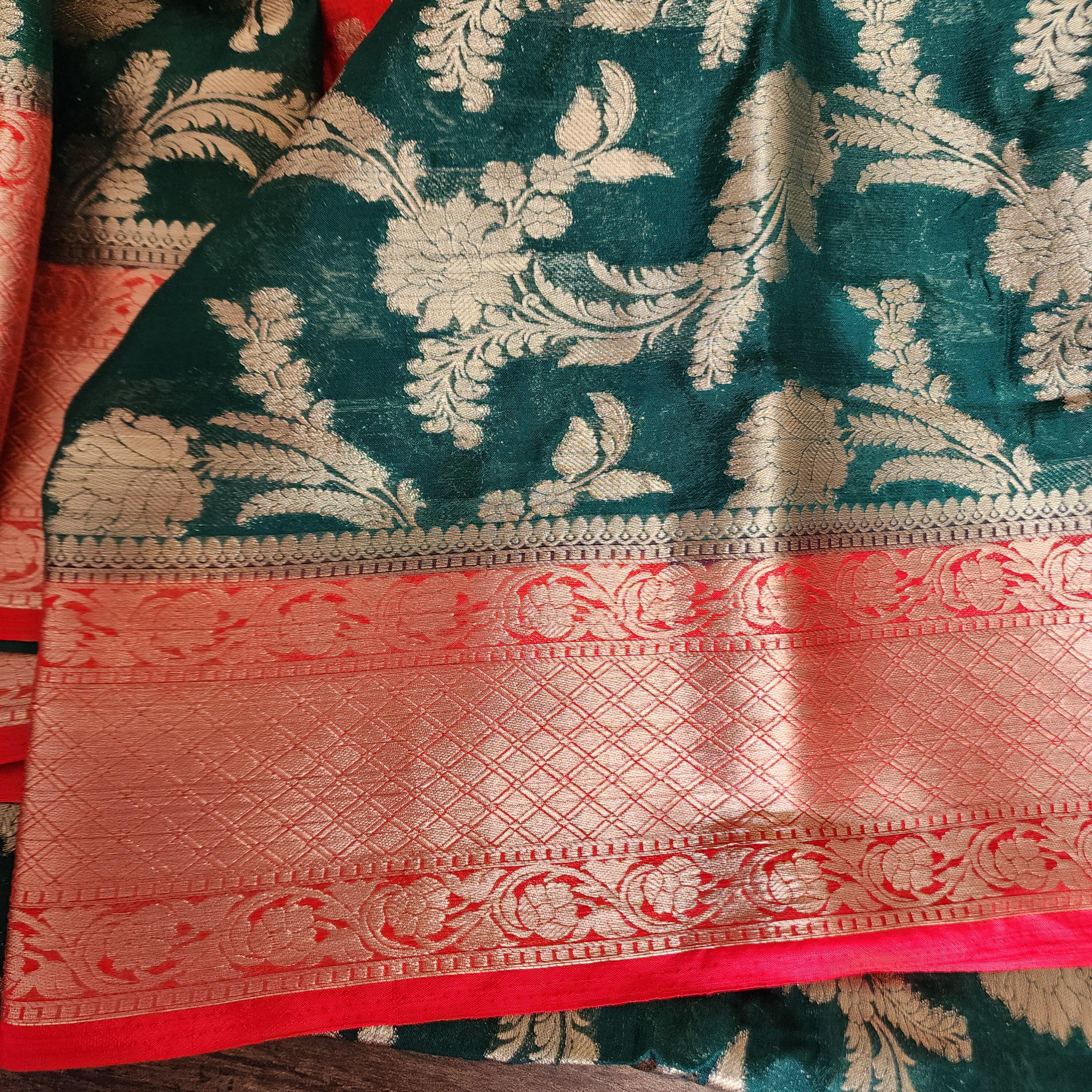 Banarasi Chinon Silk Saree with Green Gold Jaal