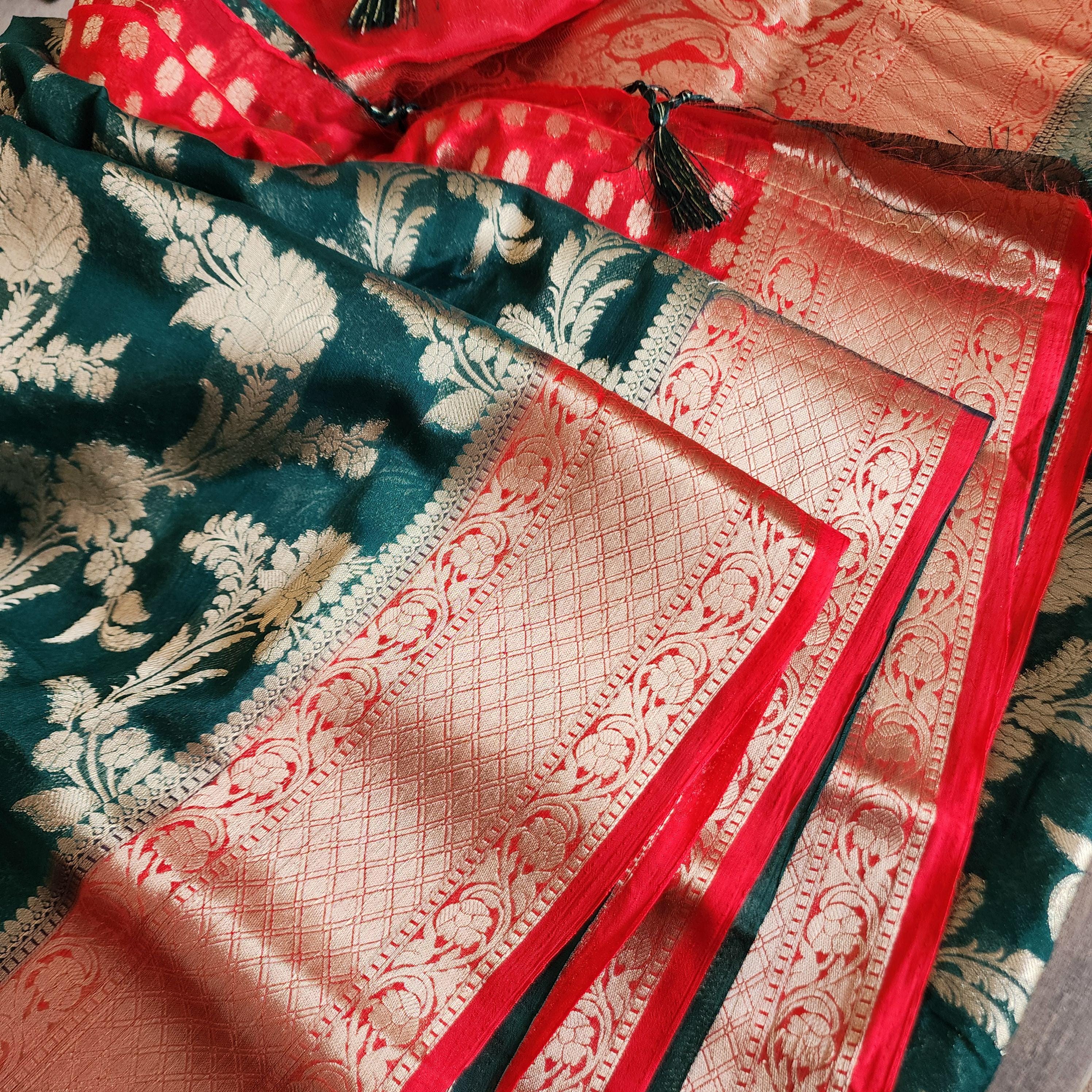 Banarasi Chinon Silk Saree with Green Gold Jaal