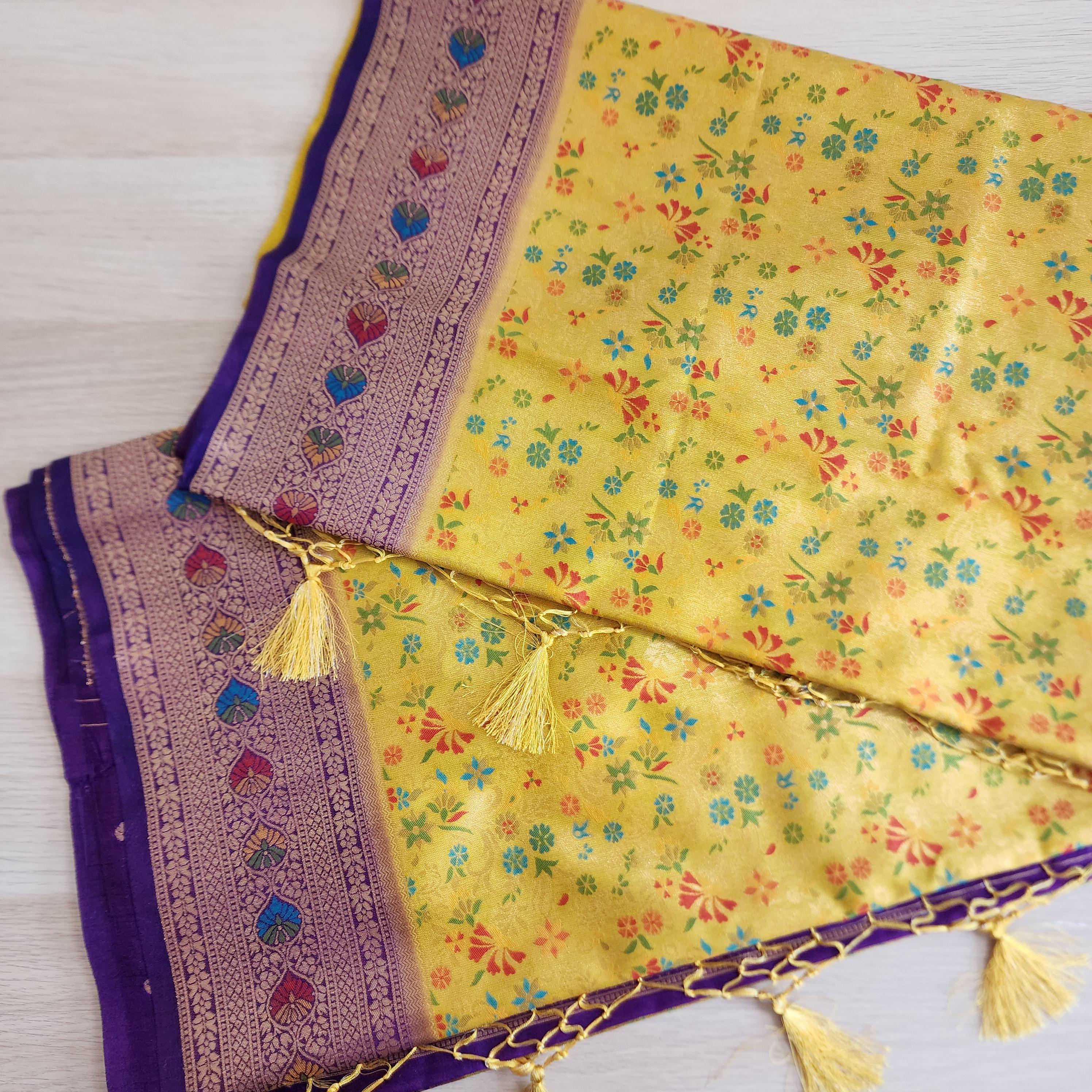 Elegant Yellow Banarasi Silk Saree with Floral Meenakari Work