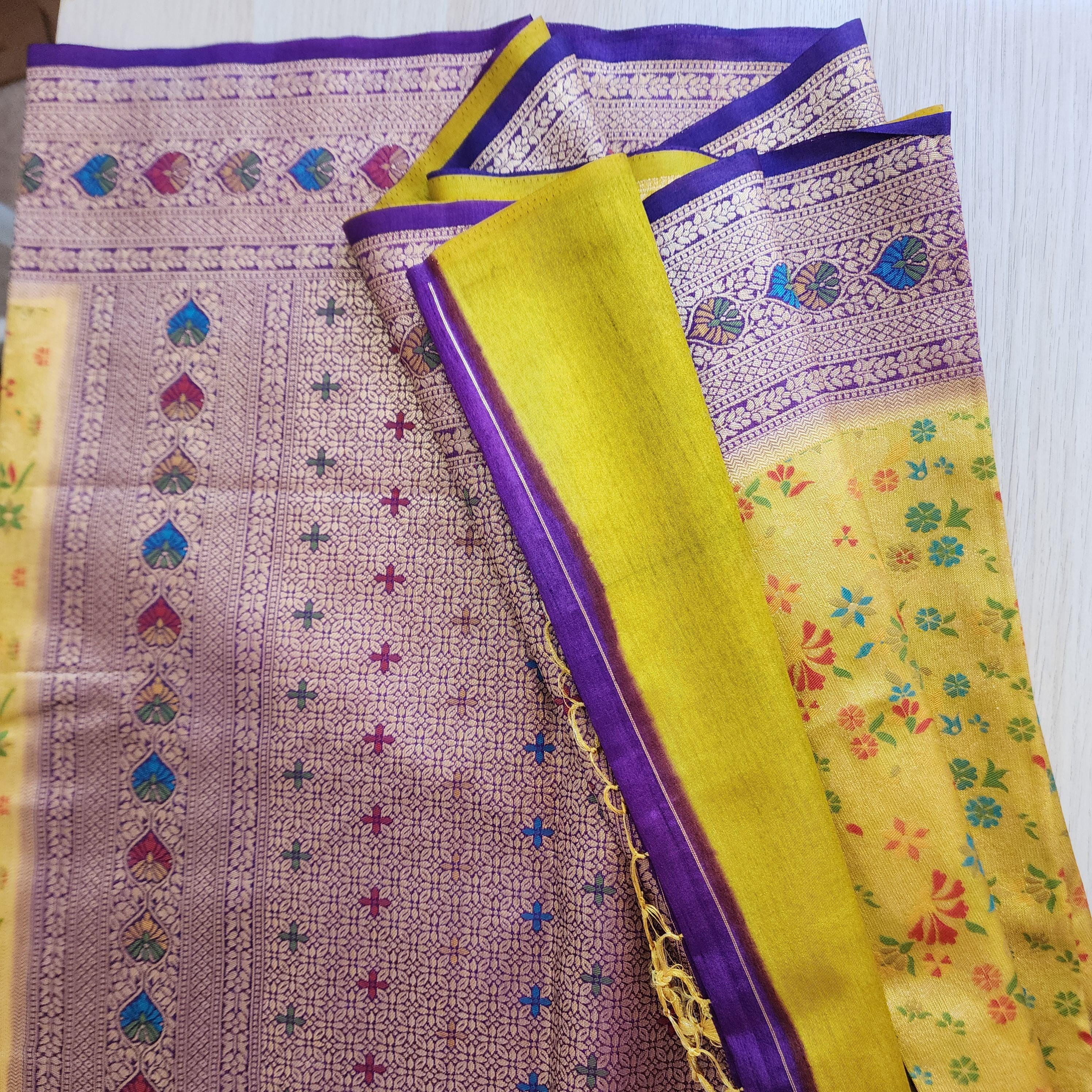 Elegant Yellow Banarasi Silk Saree with Floral Meenakari Work