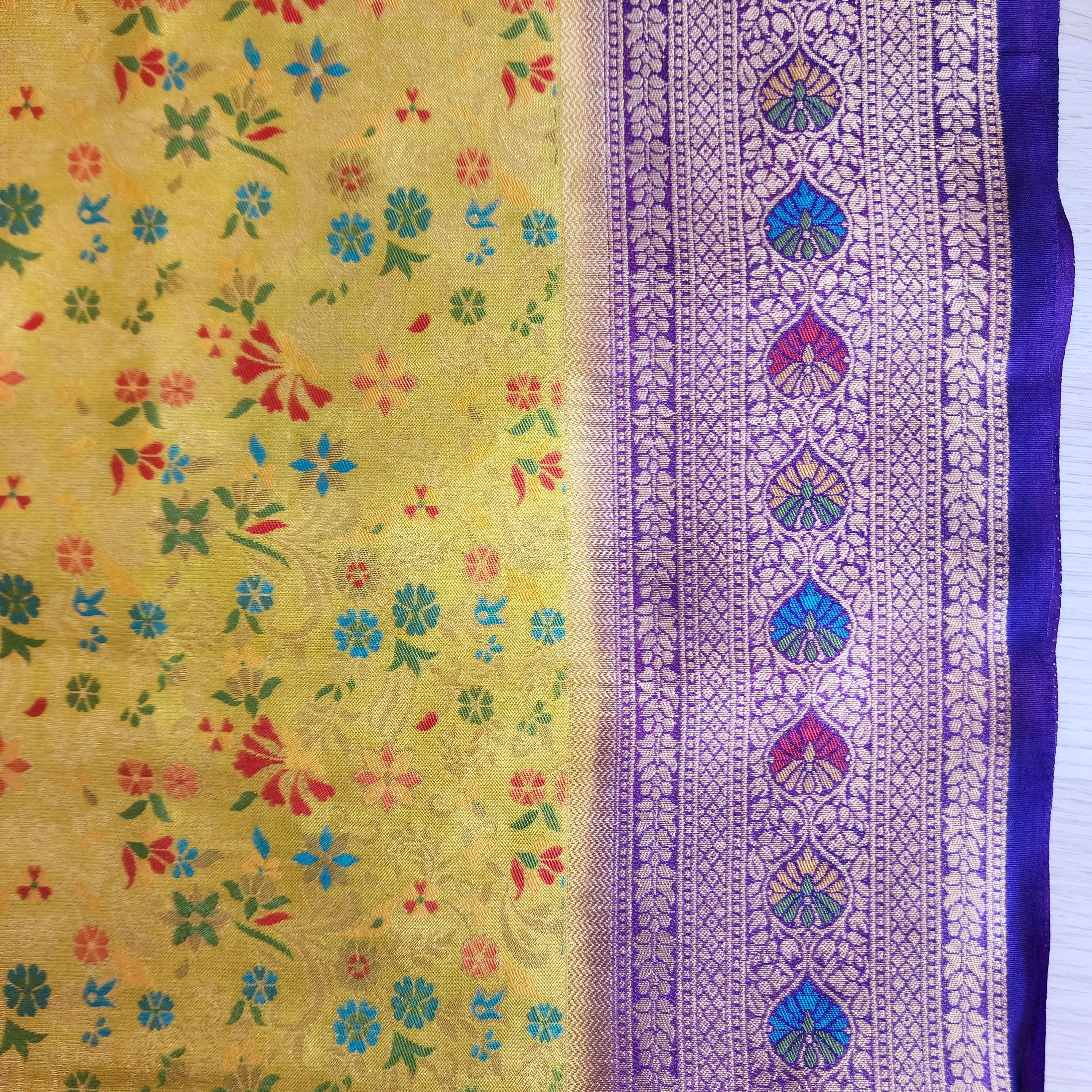 Elegant Yellow Banarasi Silk Saree with Floral Meenakari Work