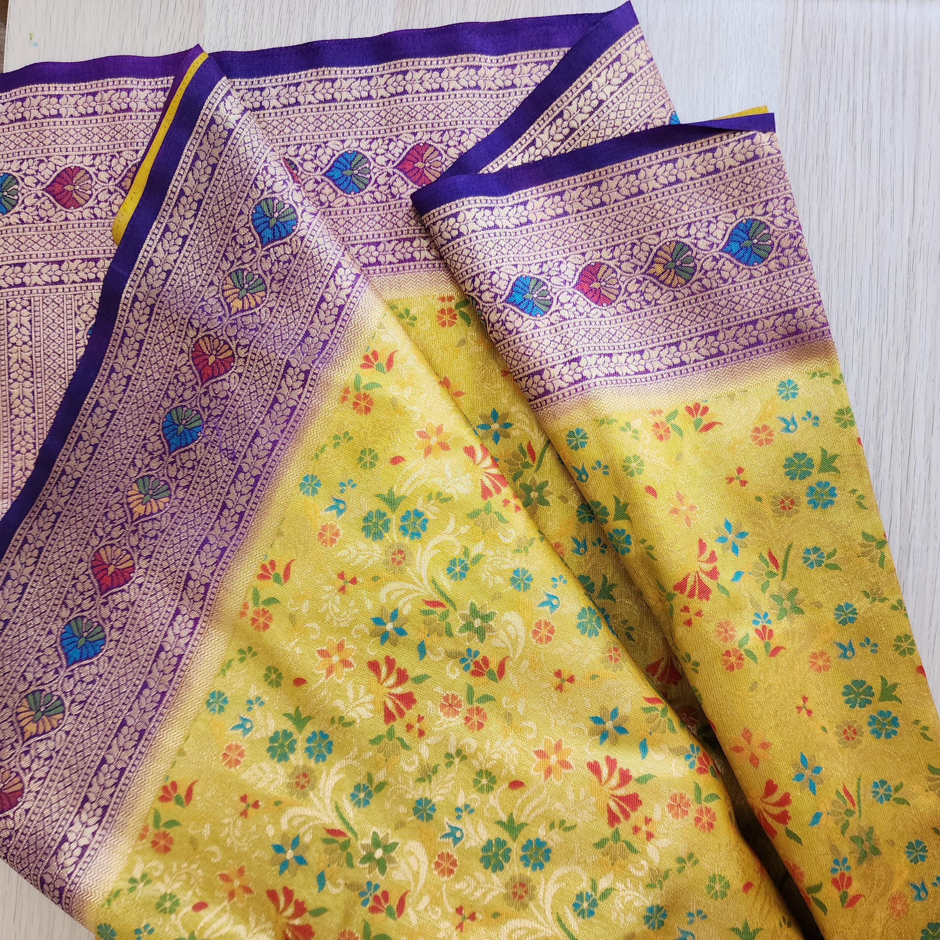 Elegant Yellow Banarasi Silk Saree with Floral Meenakari Work
