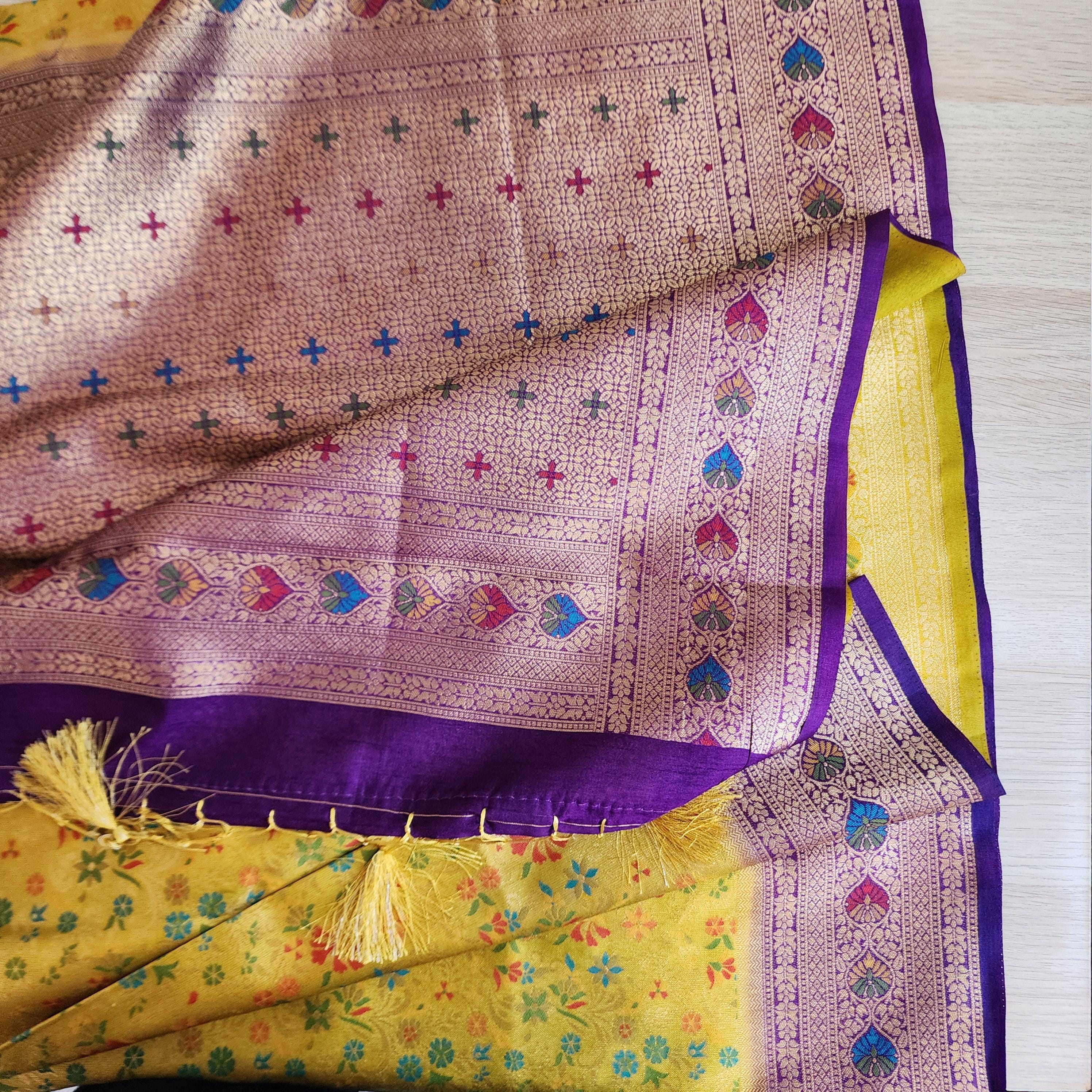 Elegant Yellow Banarasi Silk Saree with Floral Meenakari Work