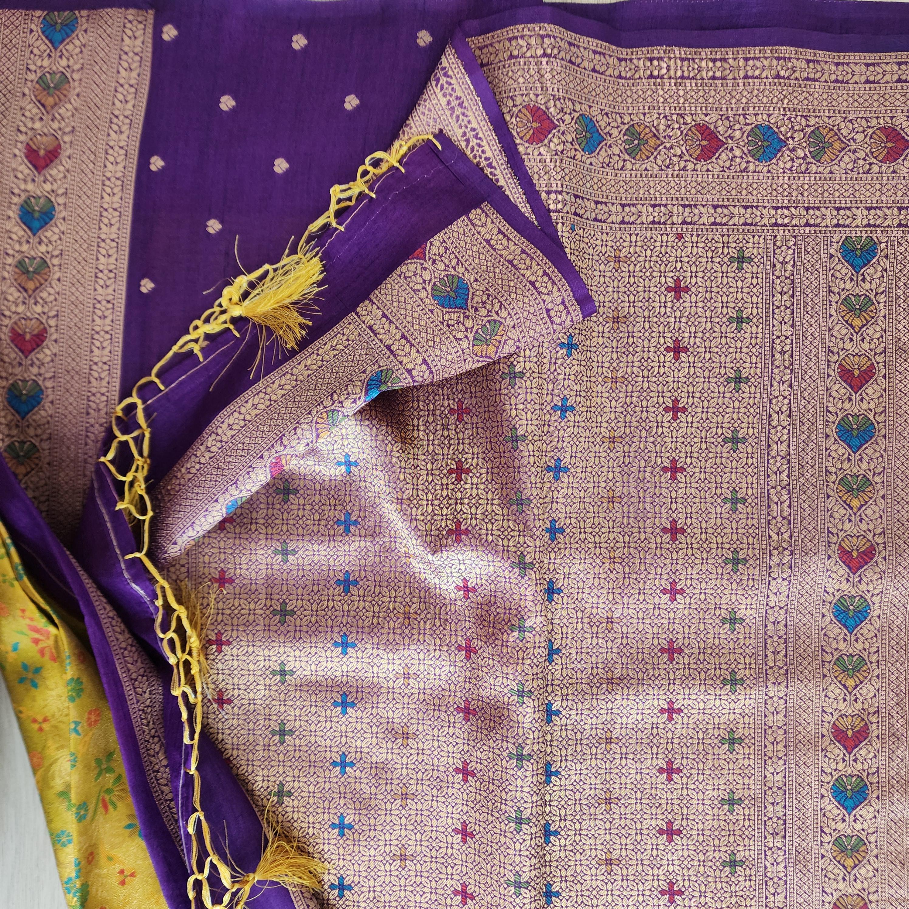 Elegant Yellow Banarasi Silk Saree with Floral Meenakari Work