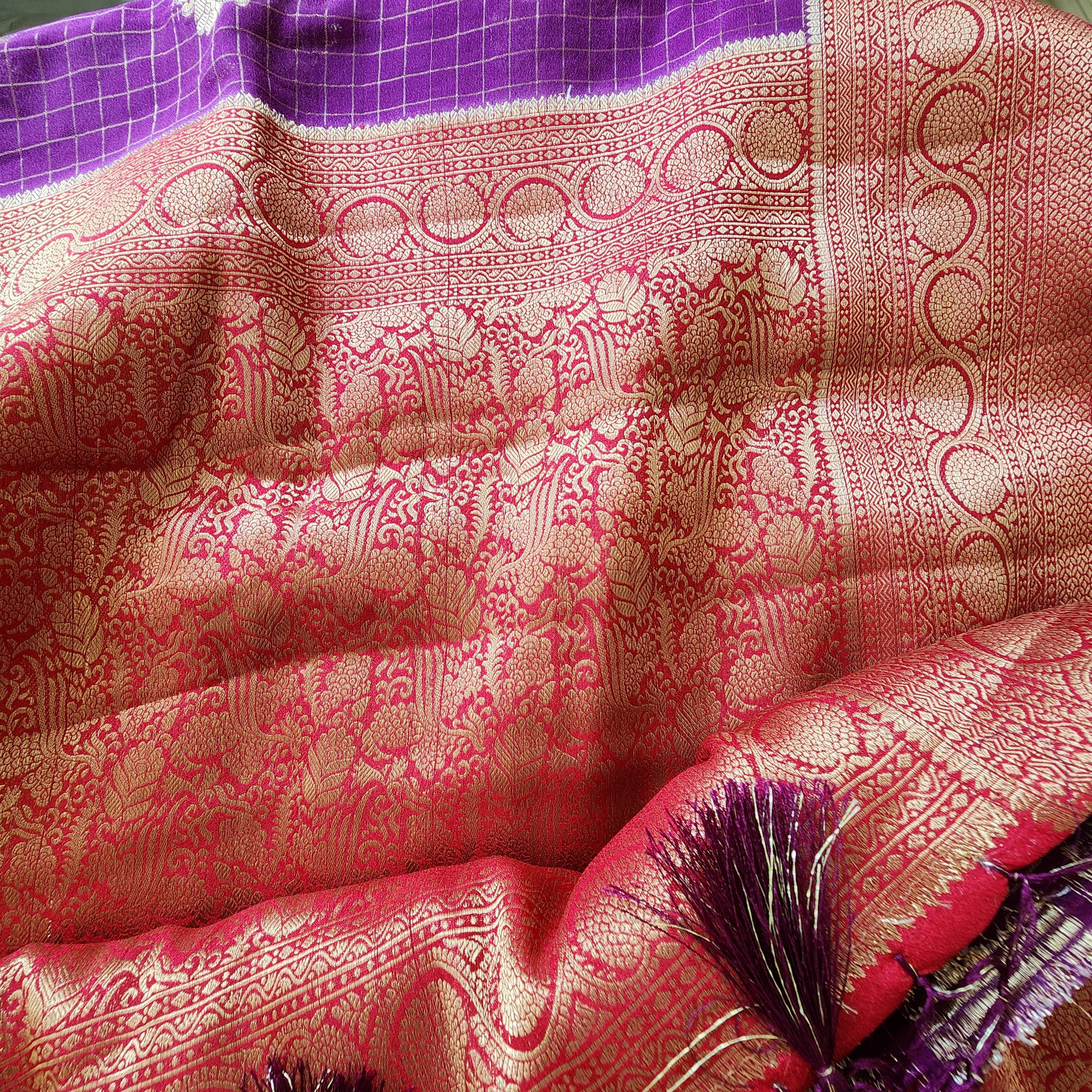 Traditional Purple and Gold Georgette Silk Saree with traditional Red border
