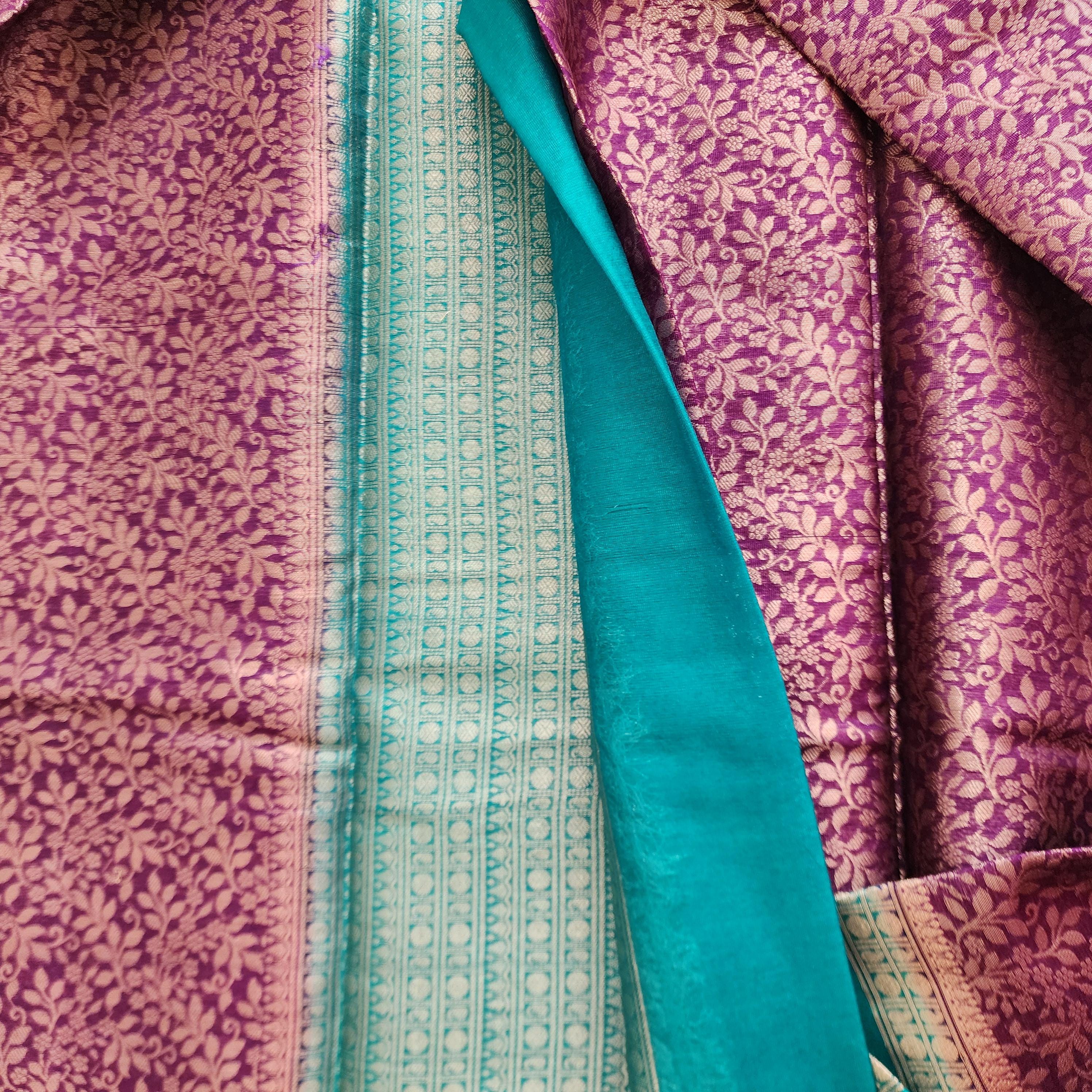 Royal Purple and Teal Banarasi Silk Saree with gold Floral Brocade