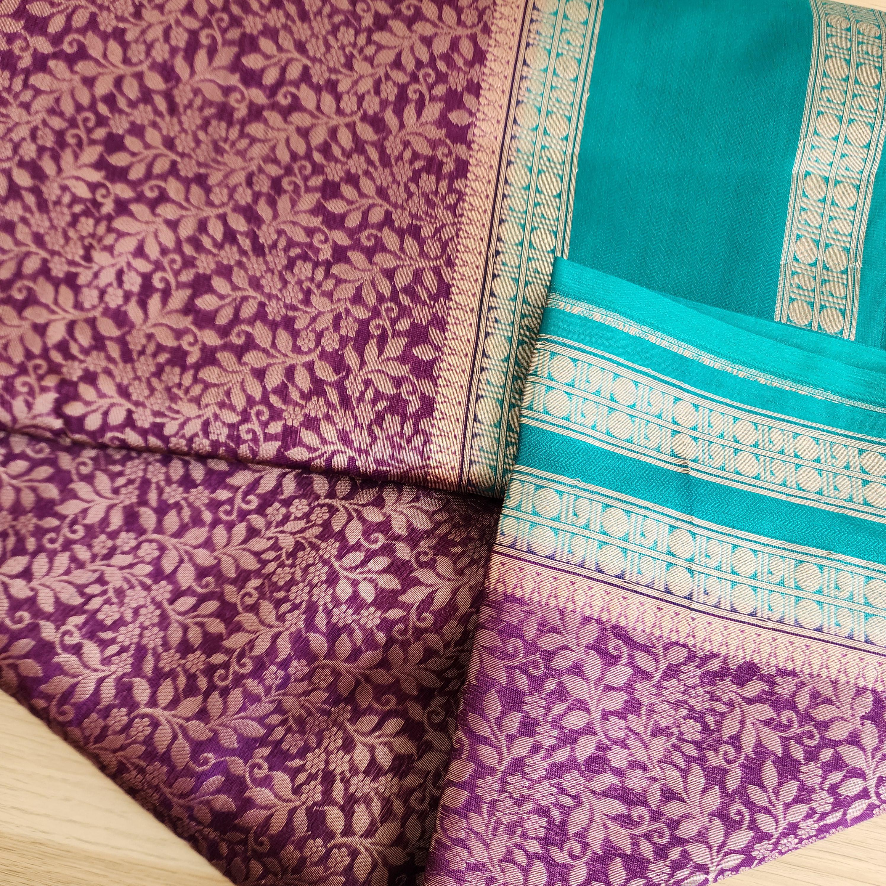 Royal Purple and Teal Banarasi Silk Saree with gold Floral Brocade