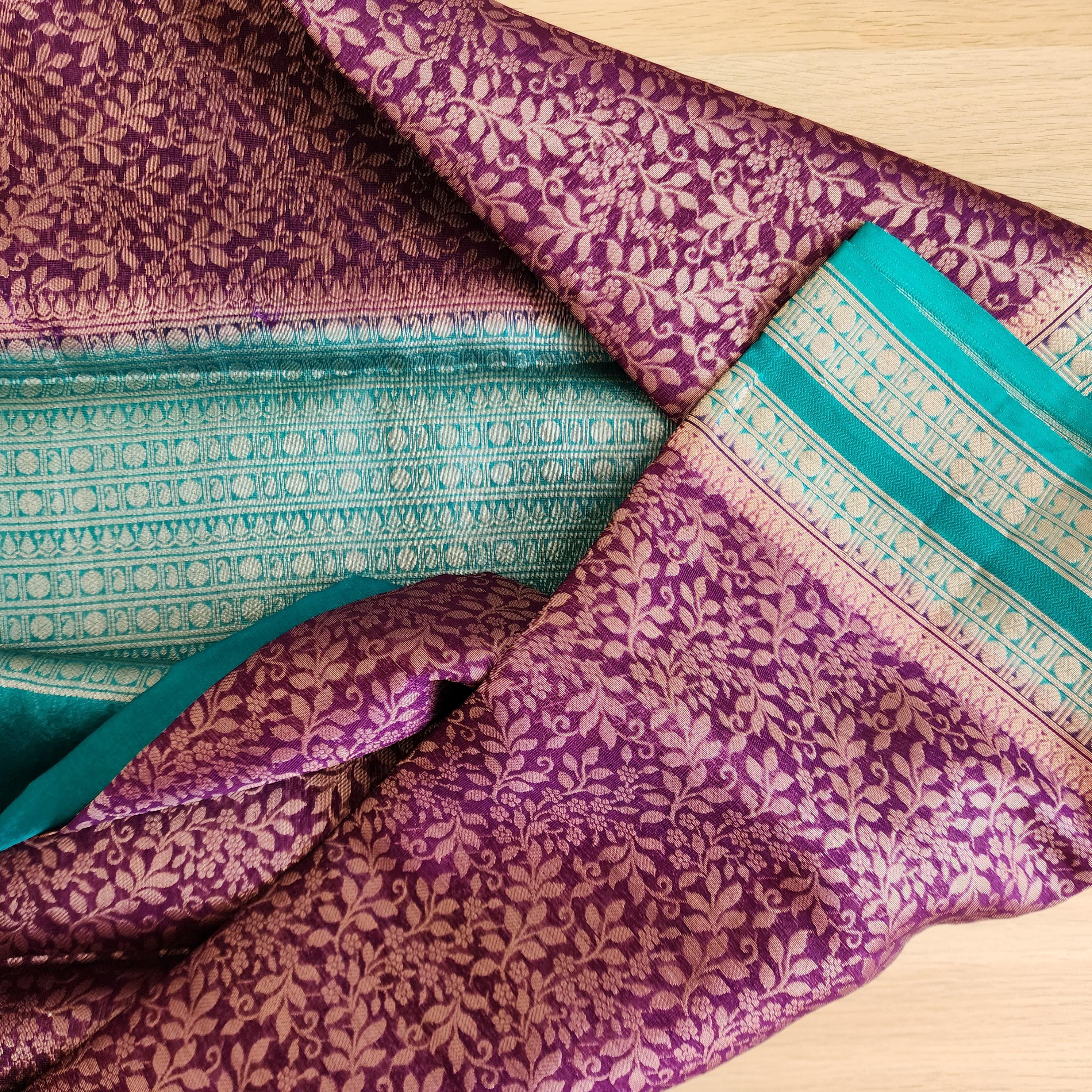 Royal Purple and Teal Banarasi Silk Saree with gold Floral Brocade